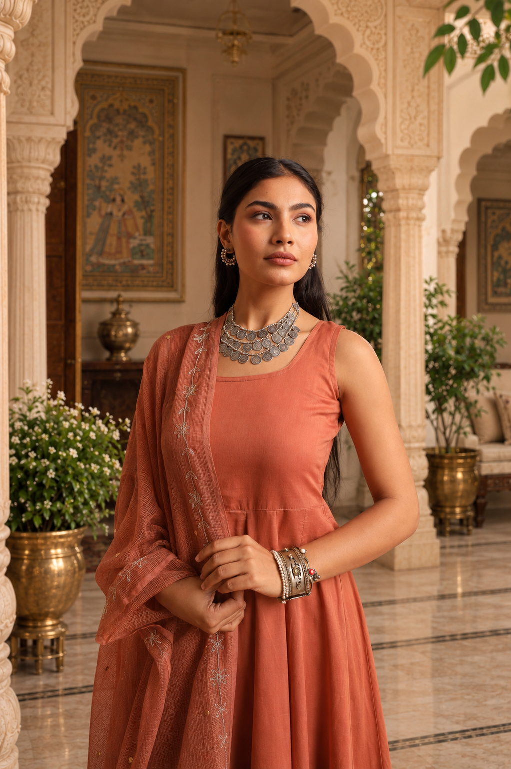 Brown Mulmul Anarkali Set With Taari And Zari Embroidred Doriya Dupatta