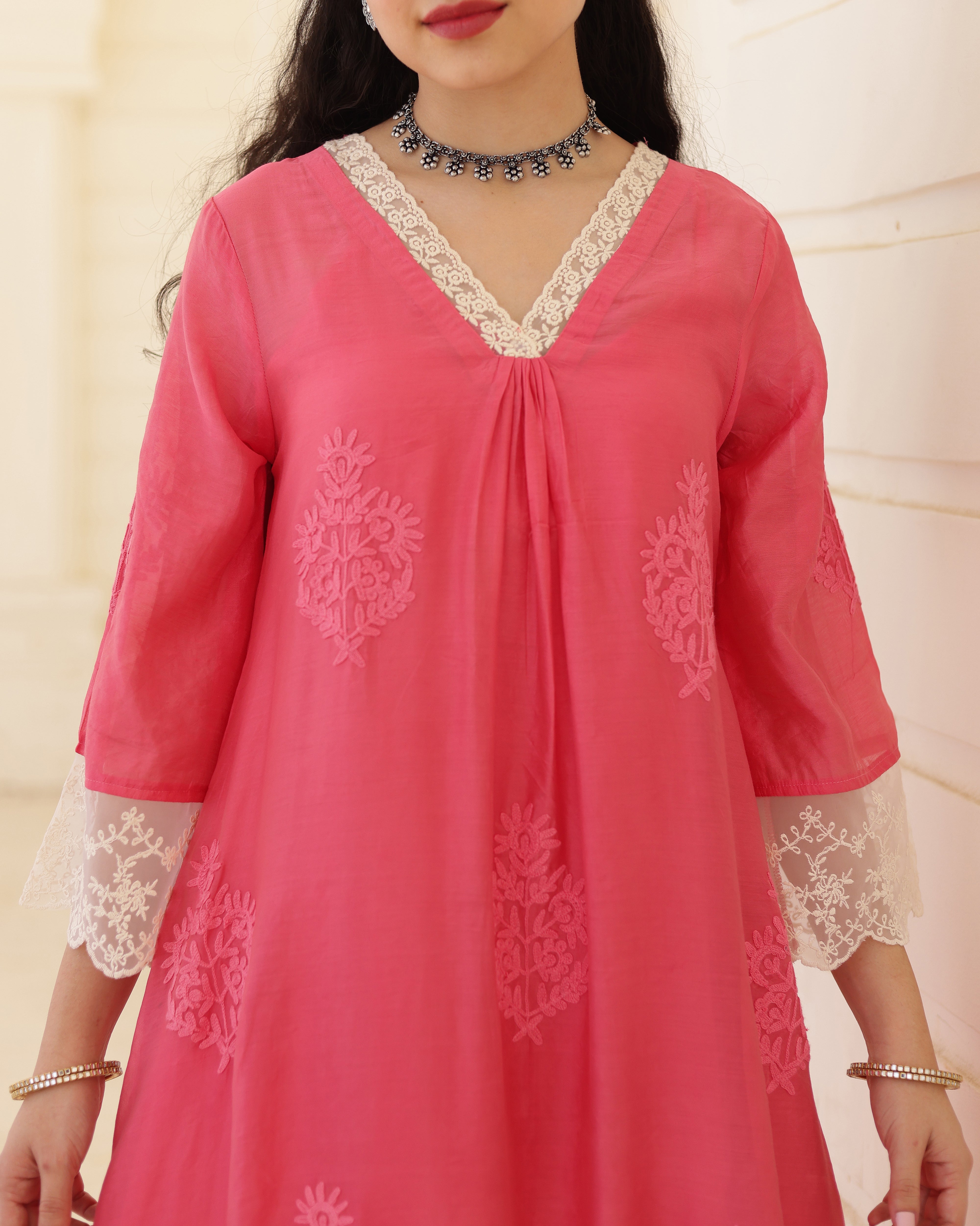 Roséline Pink Chanderi Aari Embroidered Suit Set with Lace Dupatta
