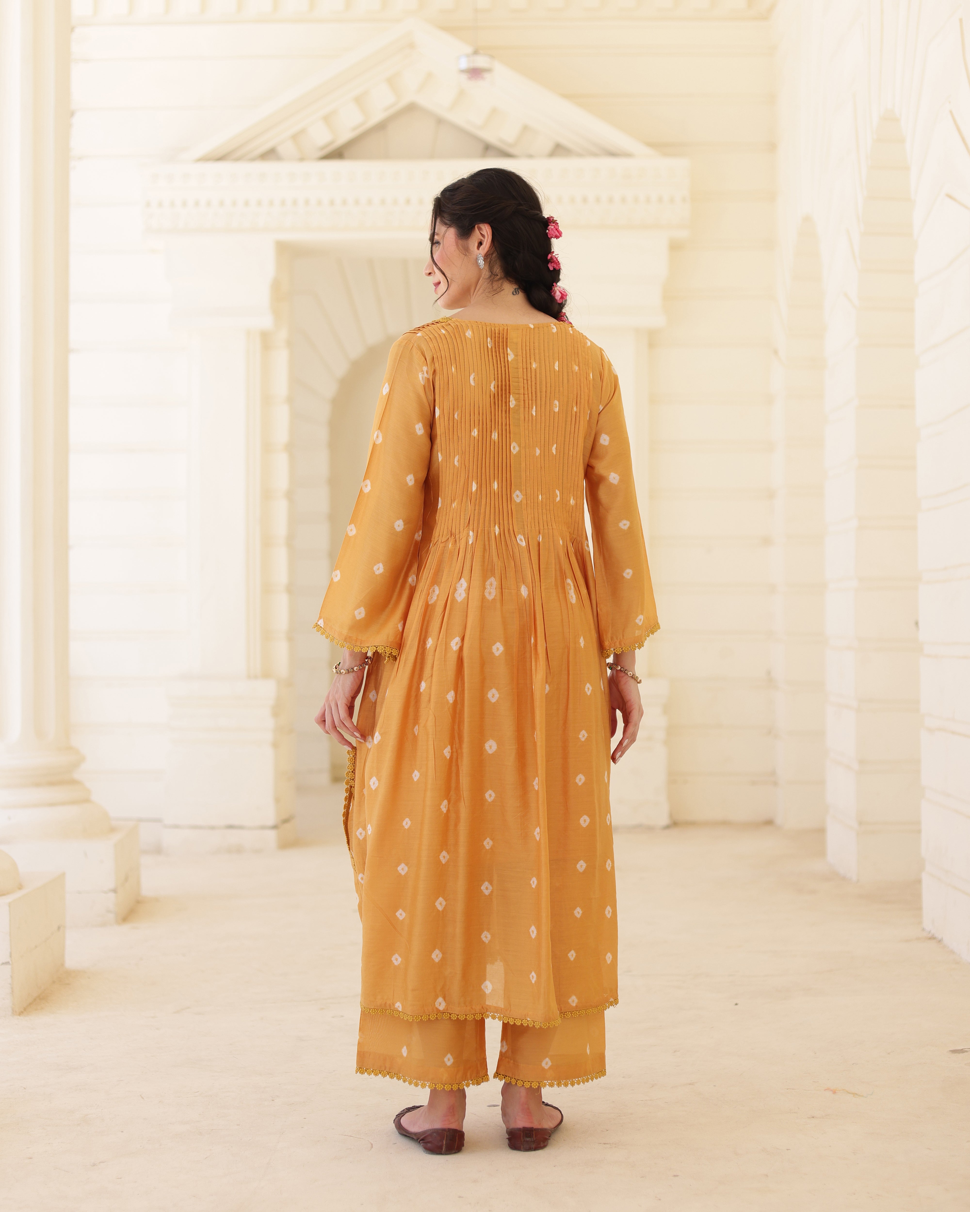Solara Mustard Yellow Chanderi Hand Bandhej Suit Set with Dupatta