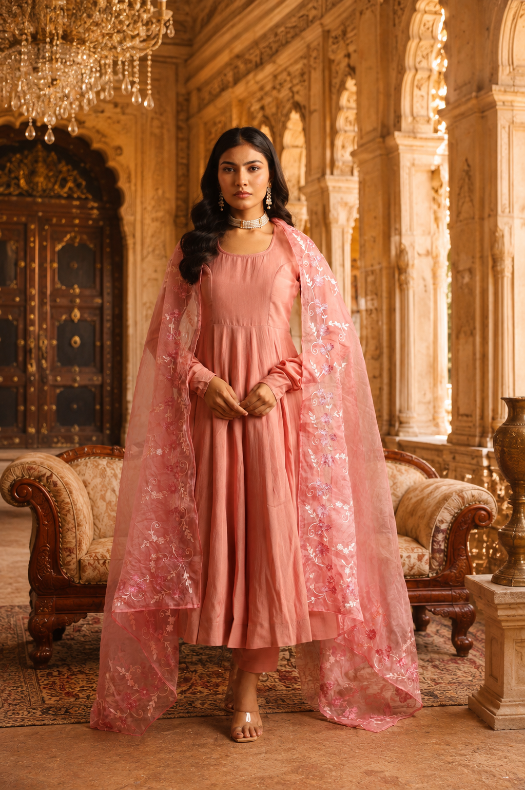 Rosewood Bloom - Mul Chanderi Anarkali Set With Matching Organza Dupatta