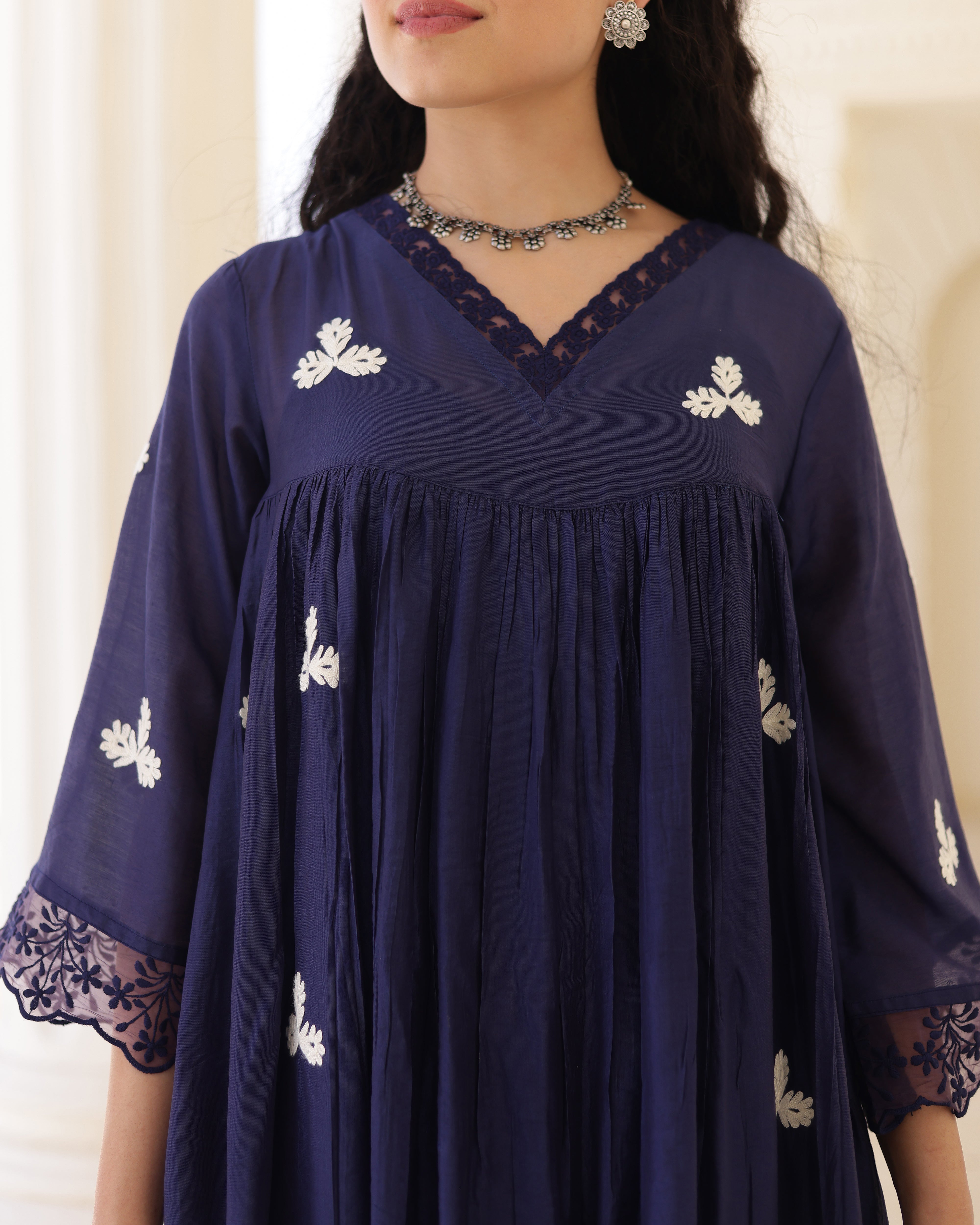 Midnight Muse Navy Chanderi Aari Embroidered Kurta Palazzo Set