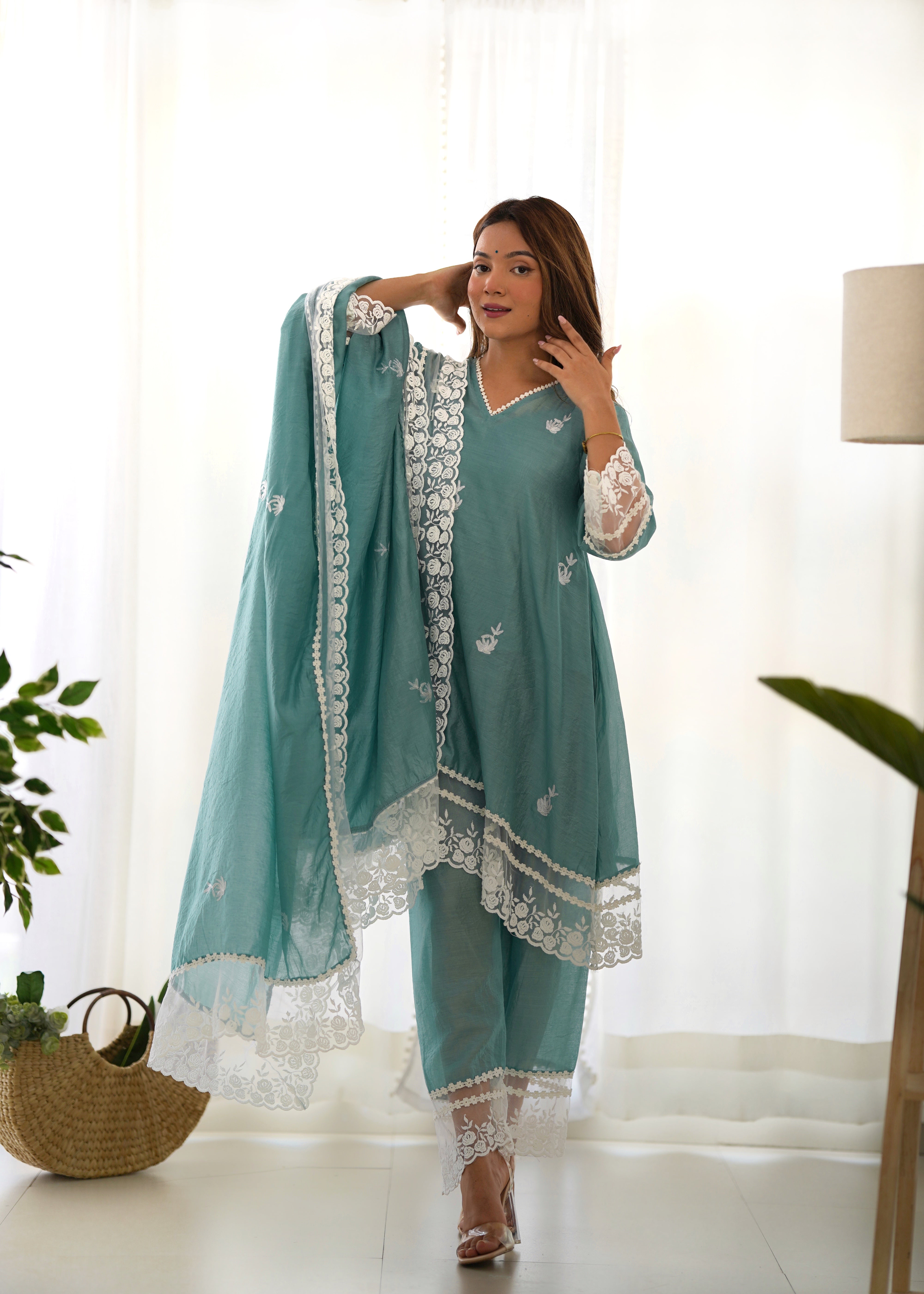 Mint Aari Embroidery lace detailing A-line set