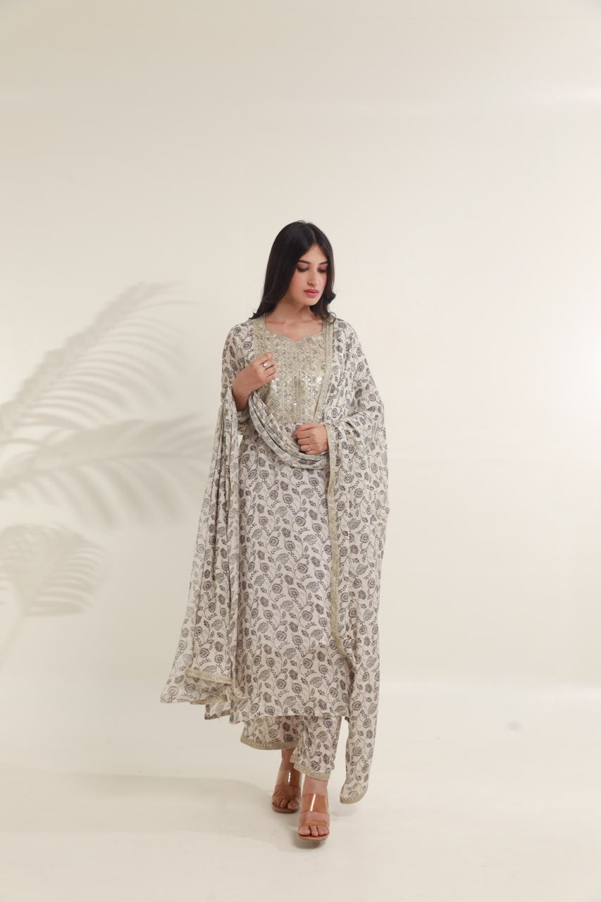 White Black floral digital print viscose chinon kurta set Asrumo