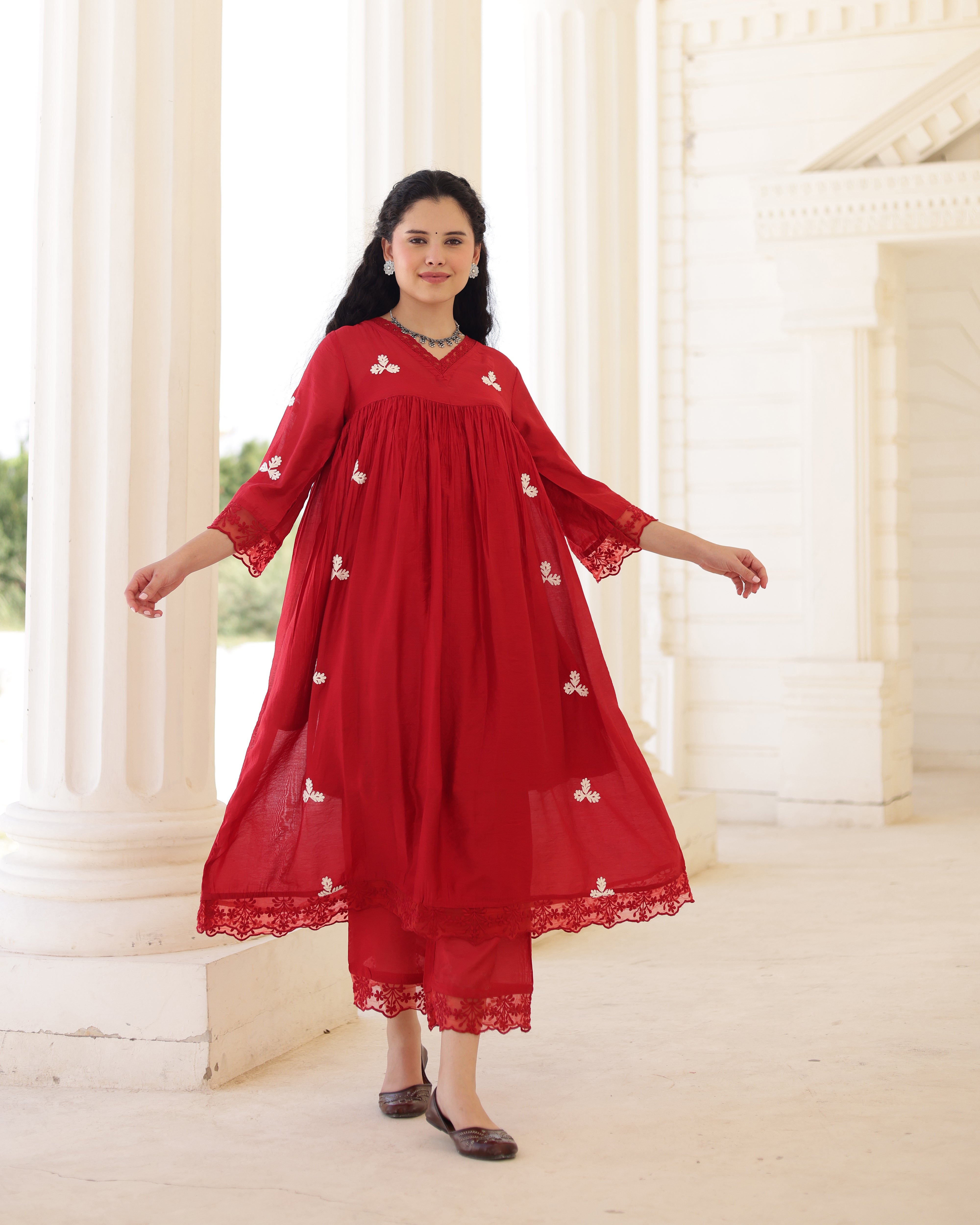 Rouge Ruby Red Chanderi Aari Embroidered Kurta Palazzo Set with Dupatta