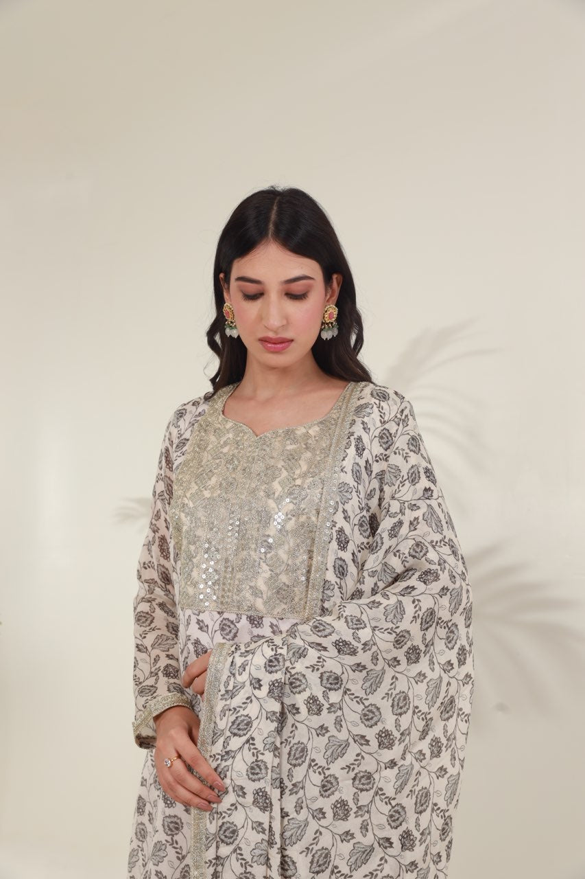 White Black floral digital print viscose chinon kurta set Asrumo