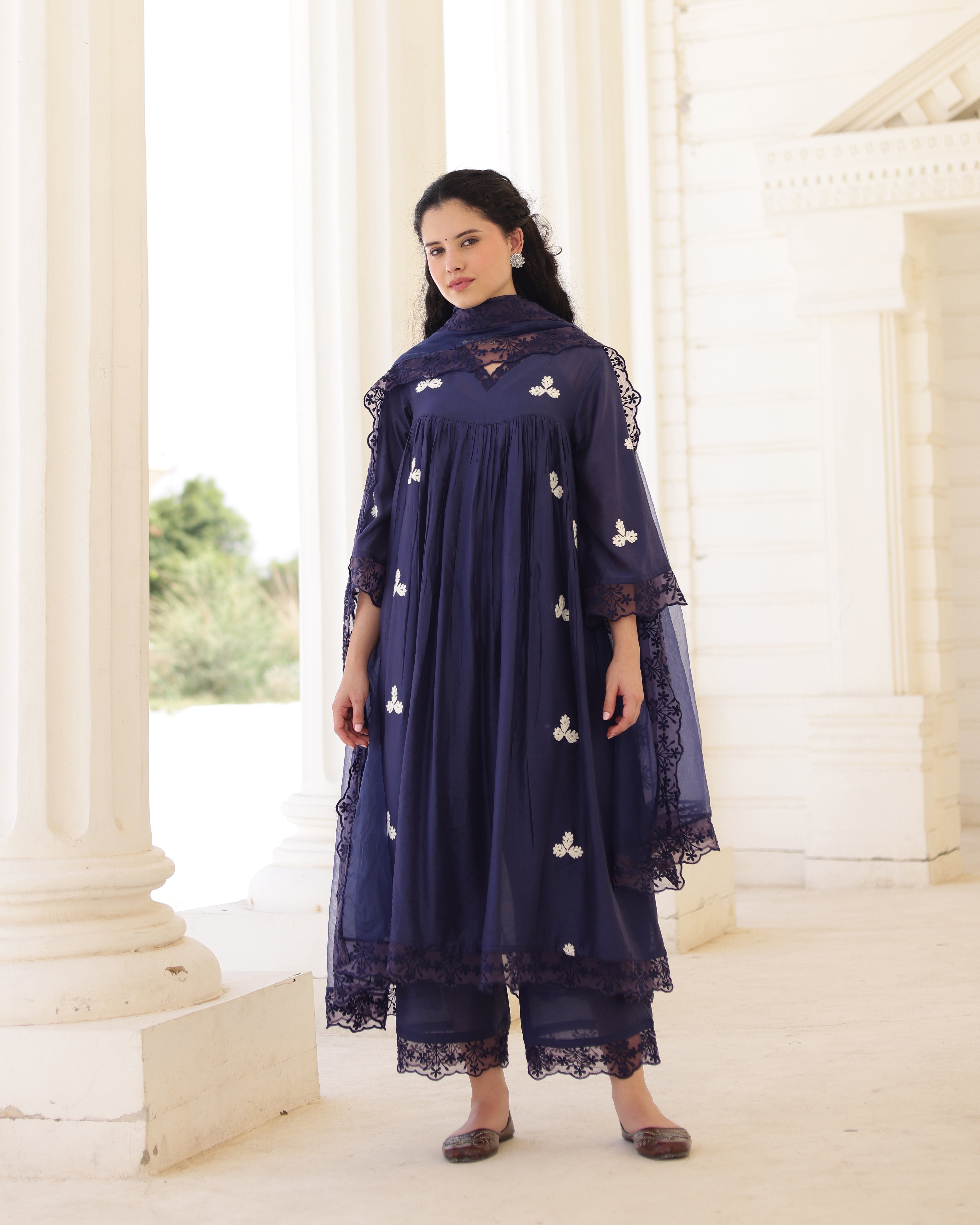 Midnight Muse Navy Chanderi Aari Embroidered Kurta Palazzo Set