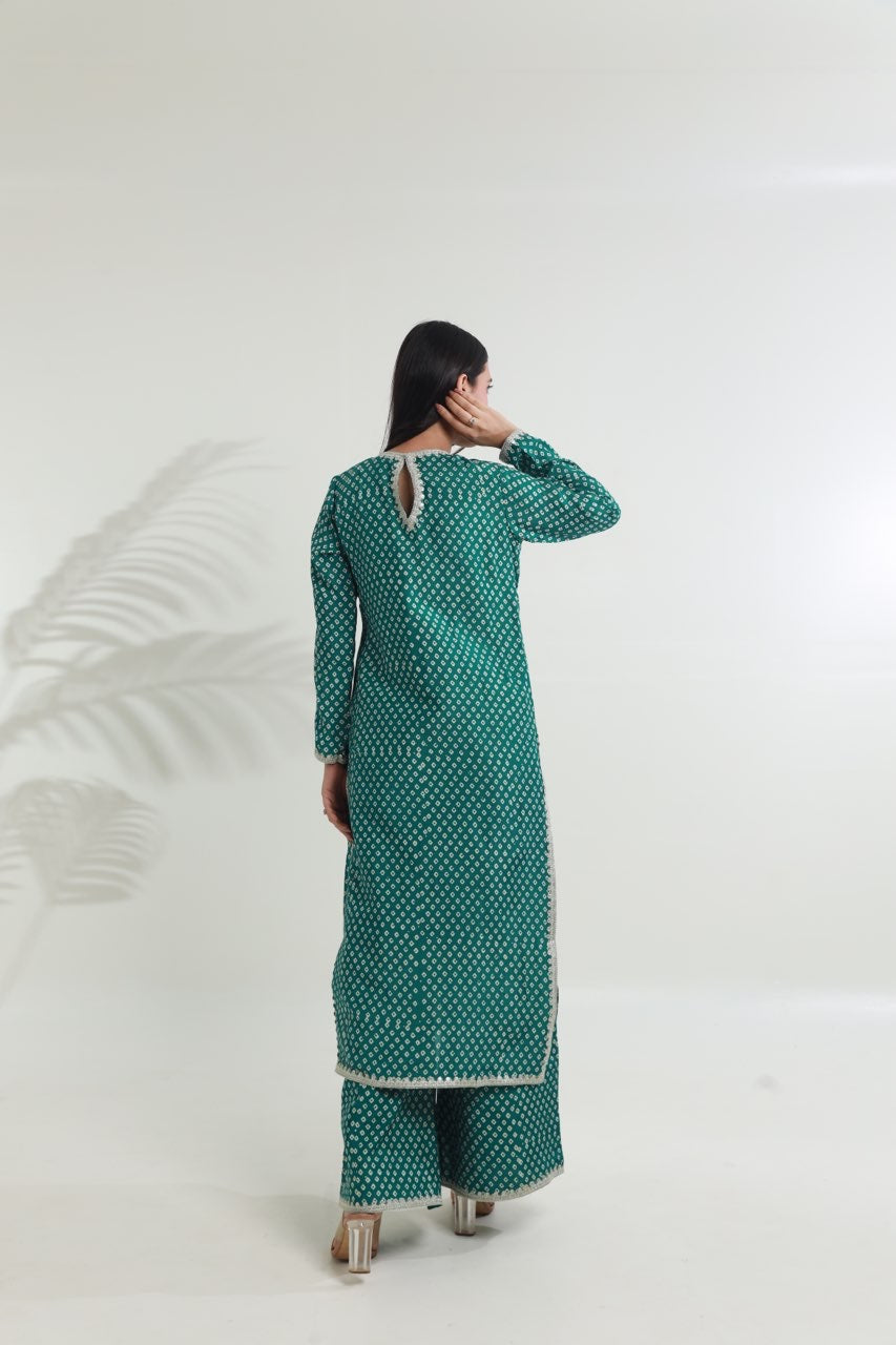 Rama green bandhej handblock straight muslin set Asrumo