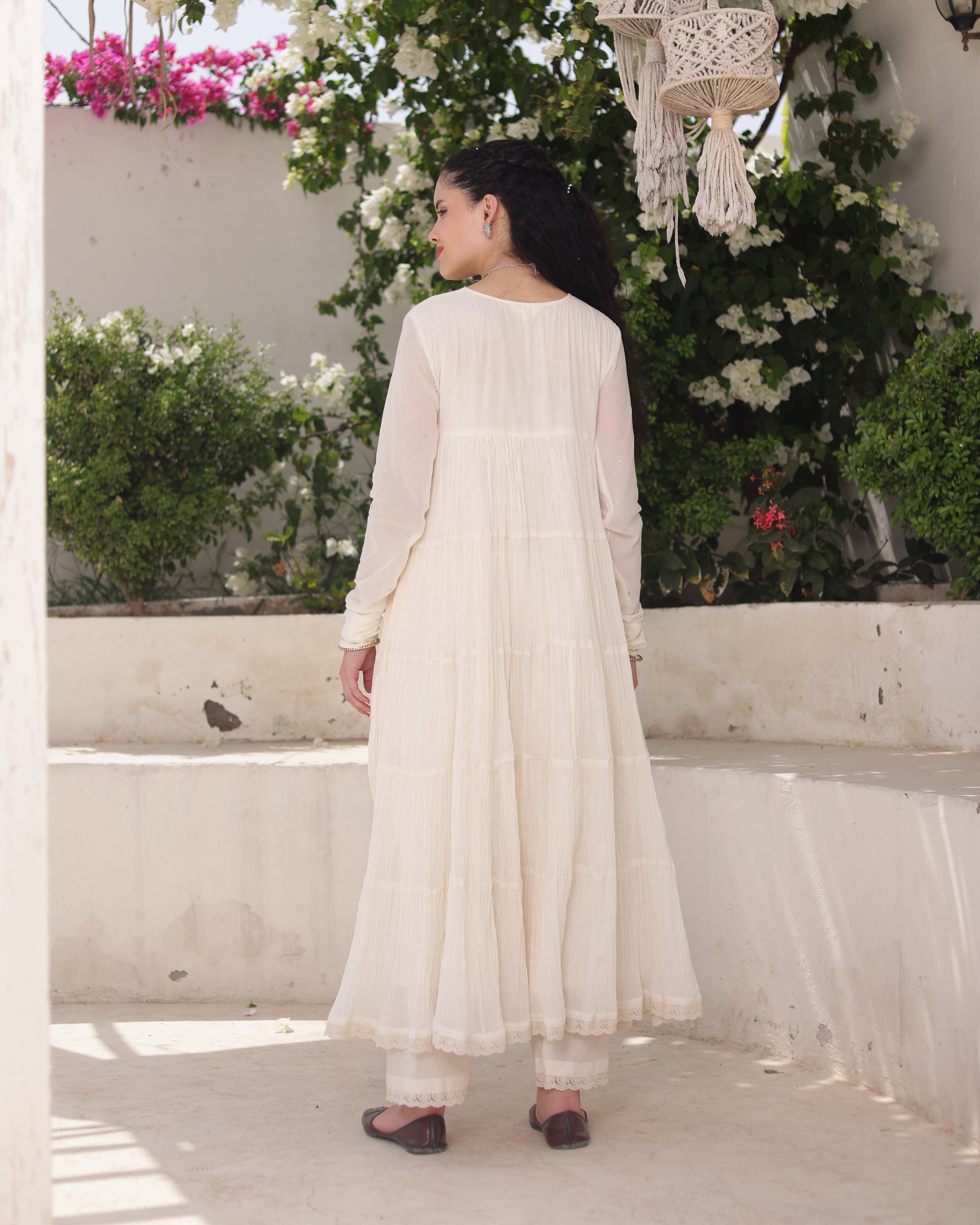 Ivory Noor Cotton Mulmul Anarkali Suit Set with Taari Work Dupatta