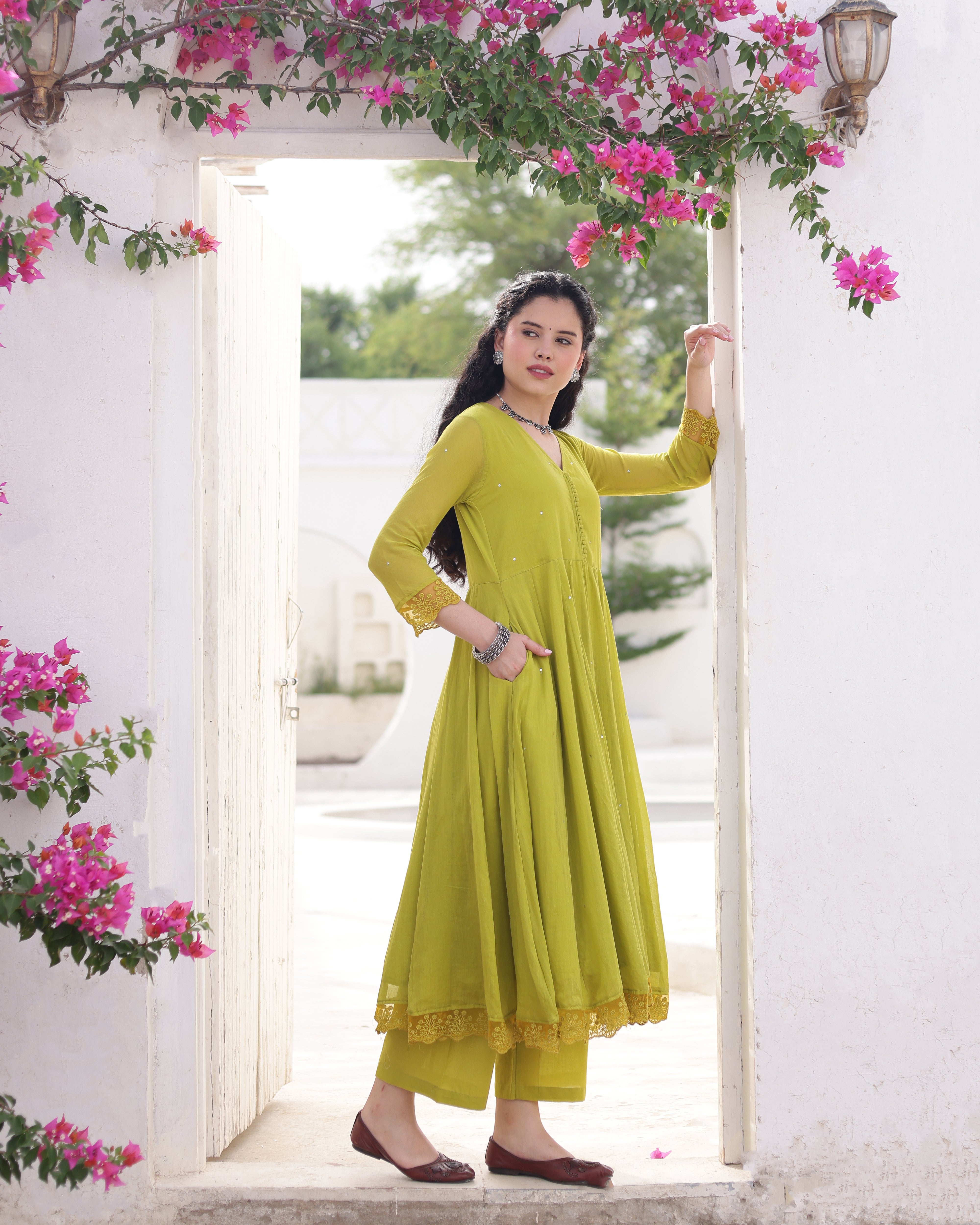Zariya Pistachio Cotton Mulmul Taari Embroidered Anarkali Suit Set