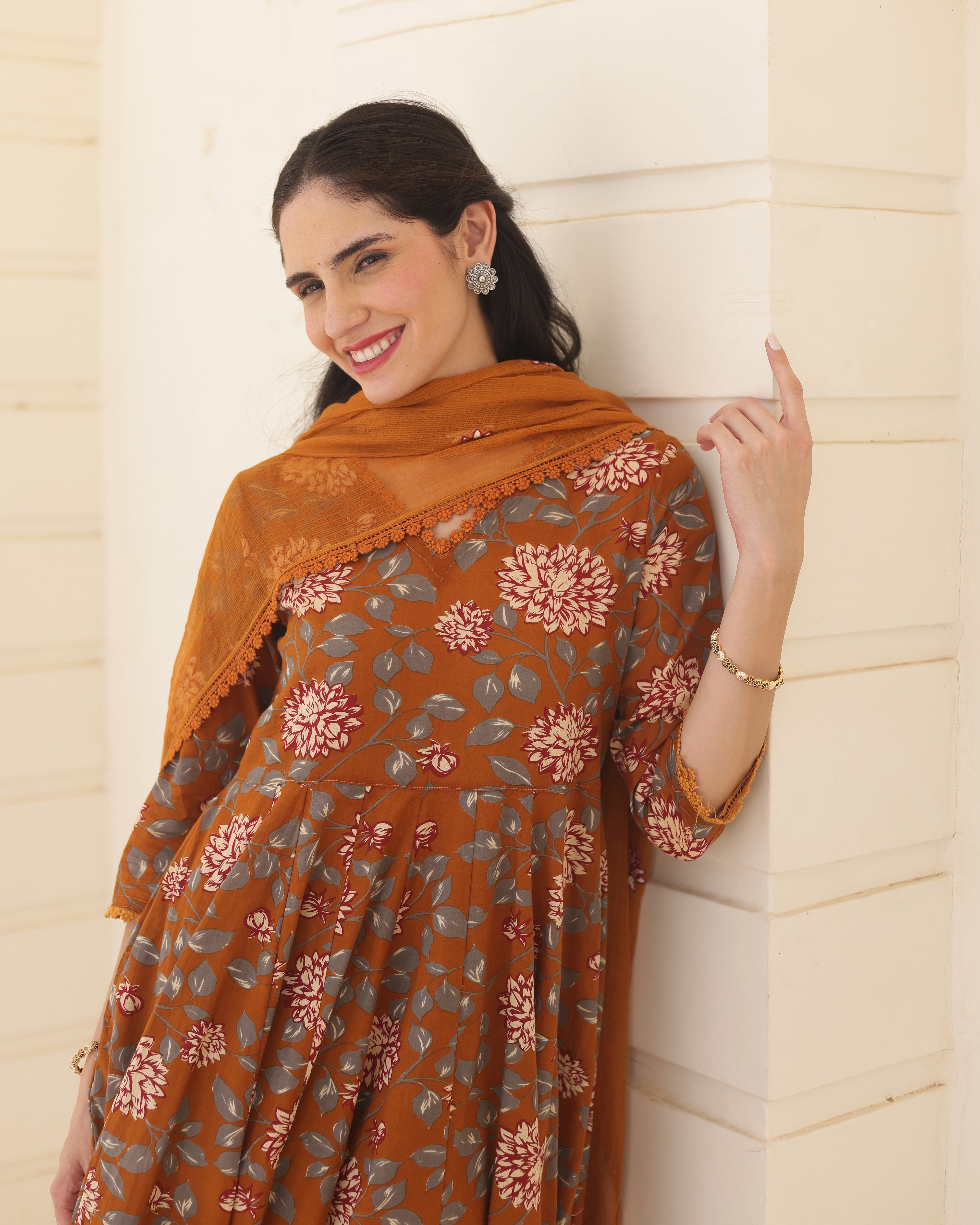 Amber Handblock Cotton Floral Anarkali Suit Set with Doriya Dupatta