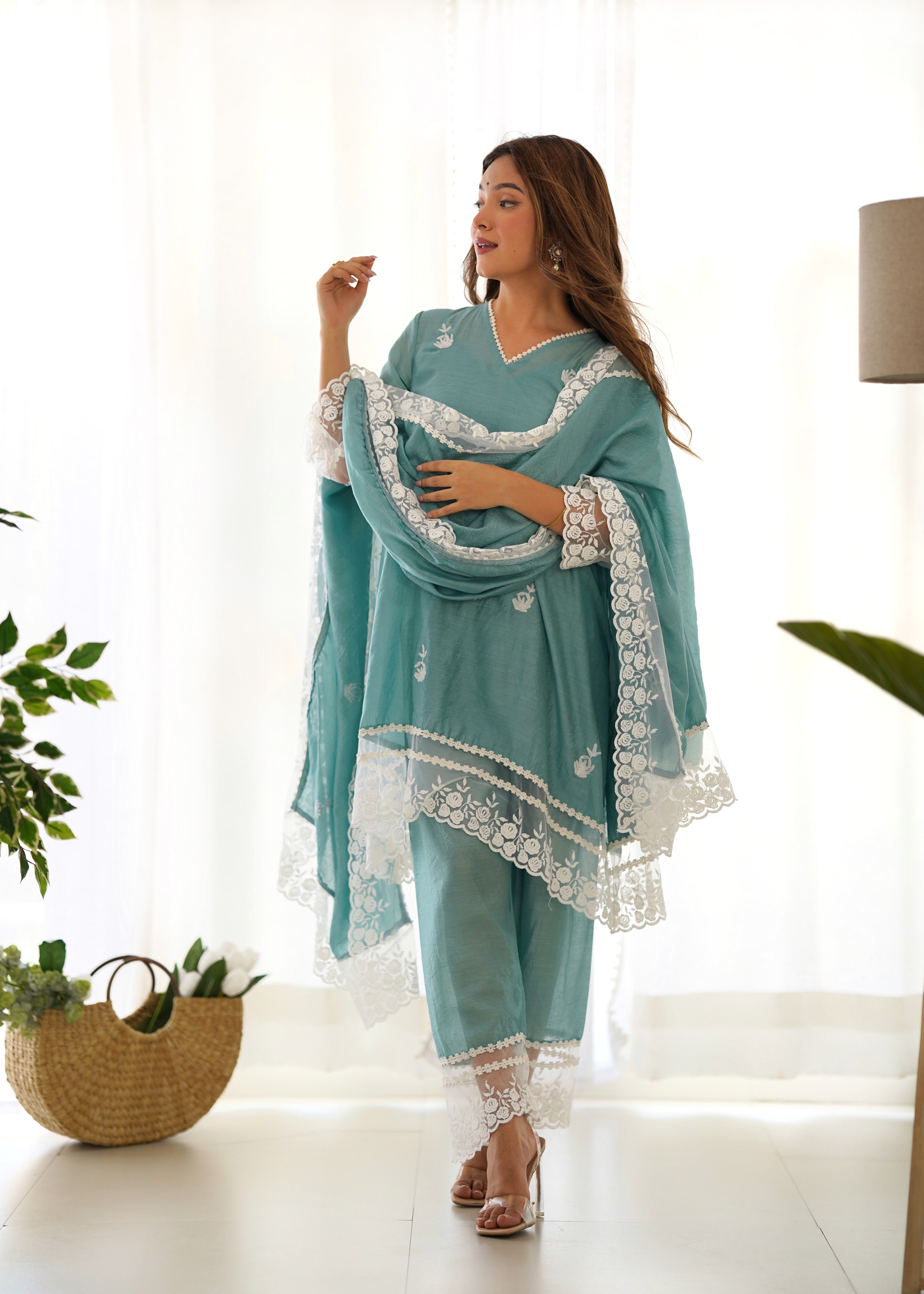 Mint Aari Embroidery lace detailing A-line set