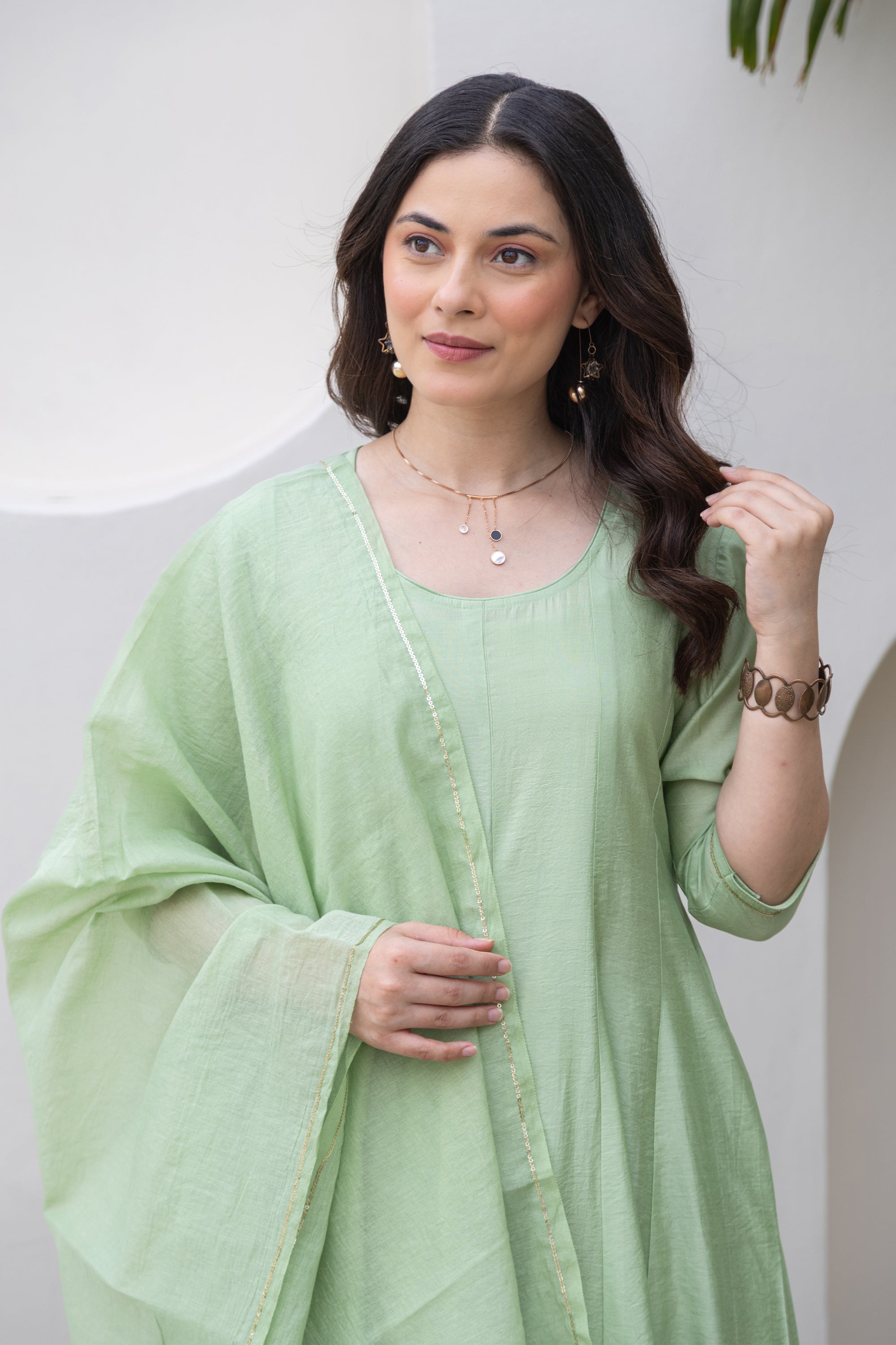 Pista Green Chanderi Anarkali Set With Matching Chanderi Dupatta