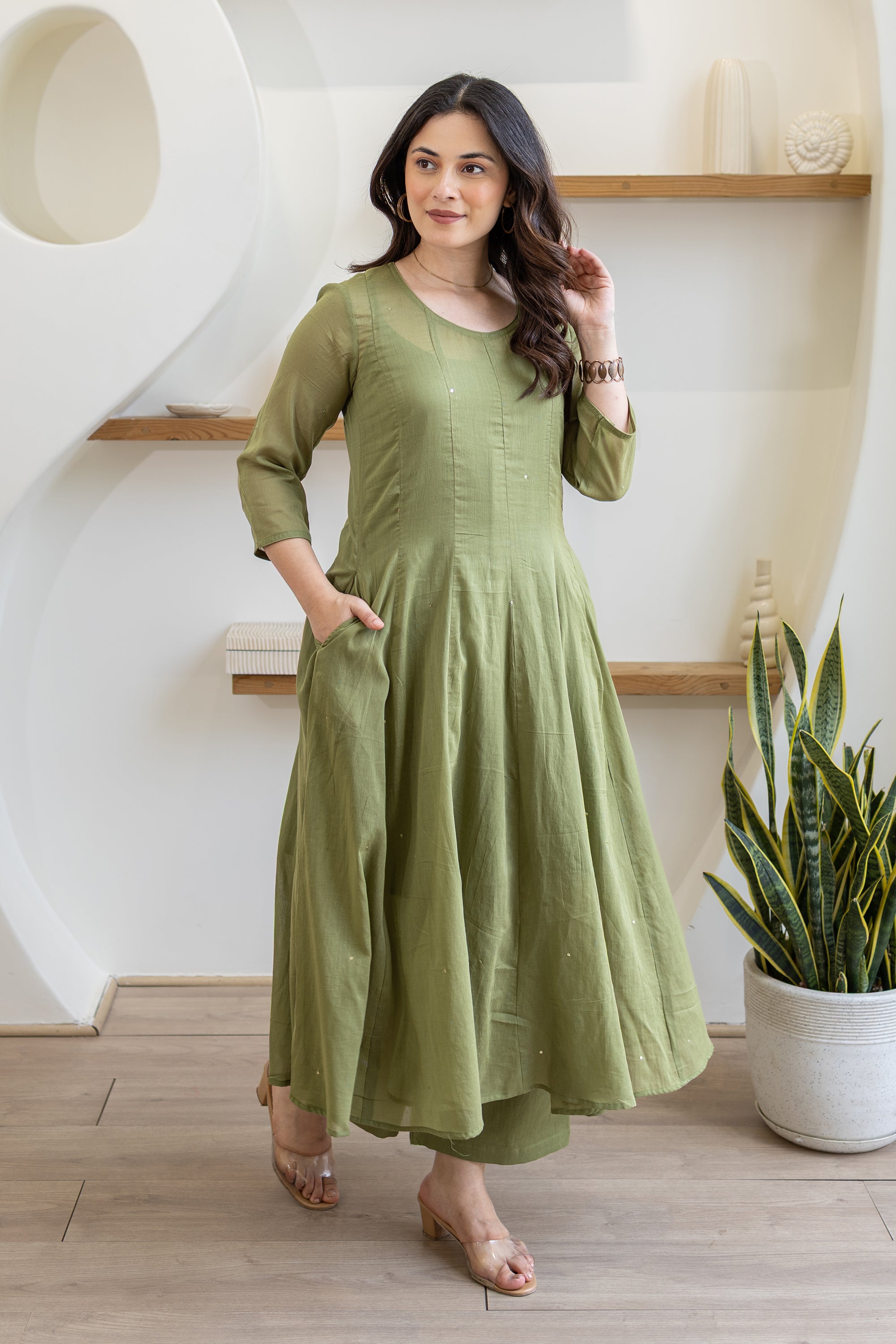 Olive Green Cotton Mulmul Anarkali Suit Set With Doriya Dupatta