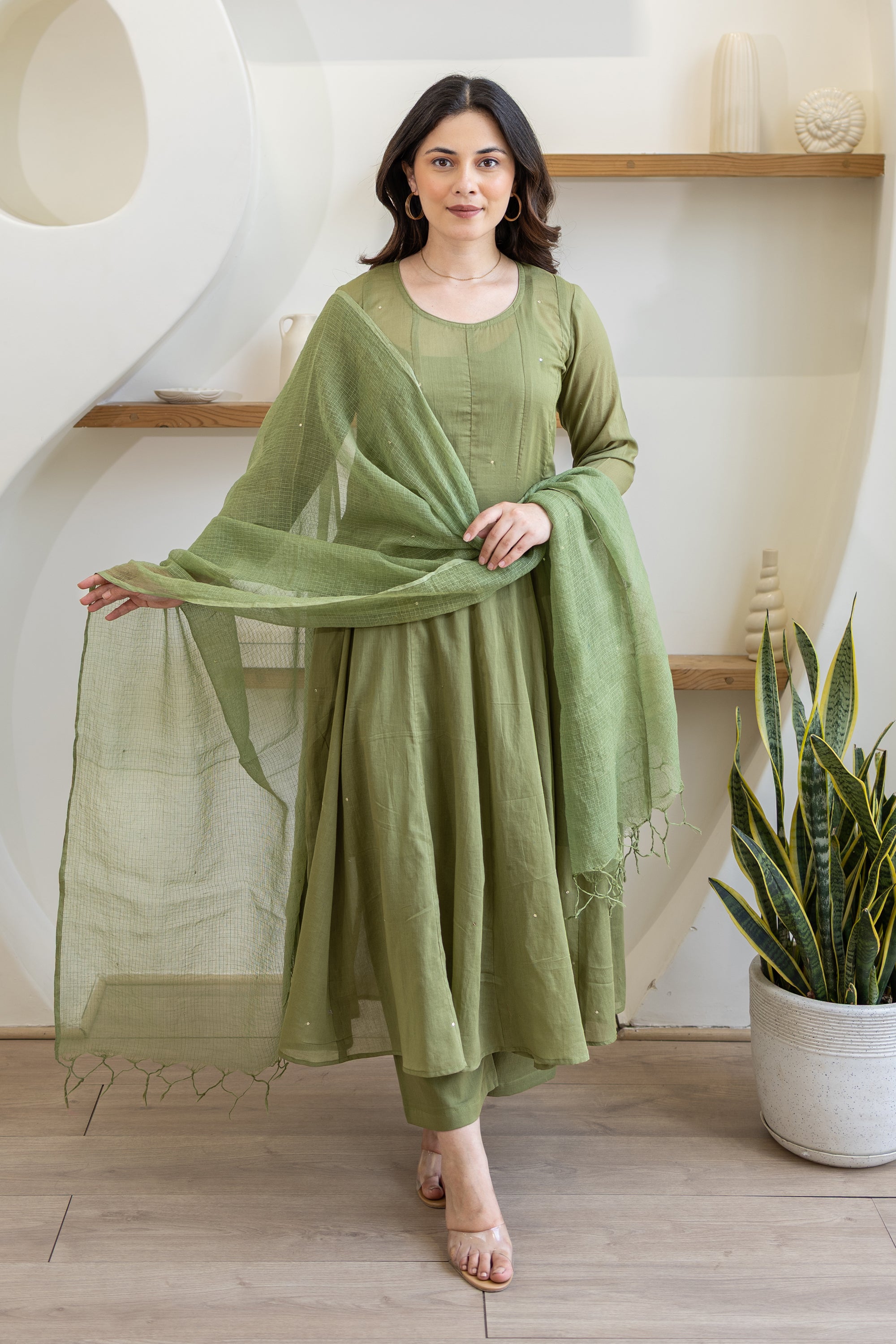 Olive Green Cotton Mulmul Anarkali Suit Set With Doriya Dupatta