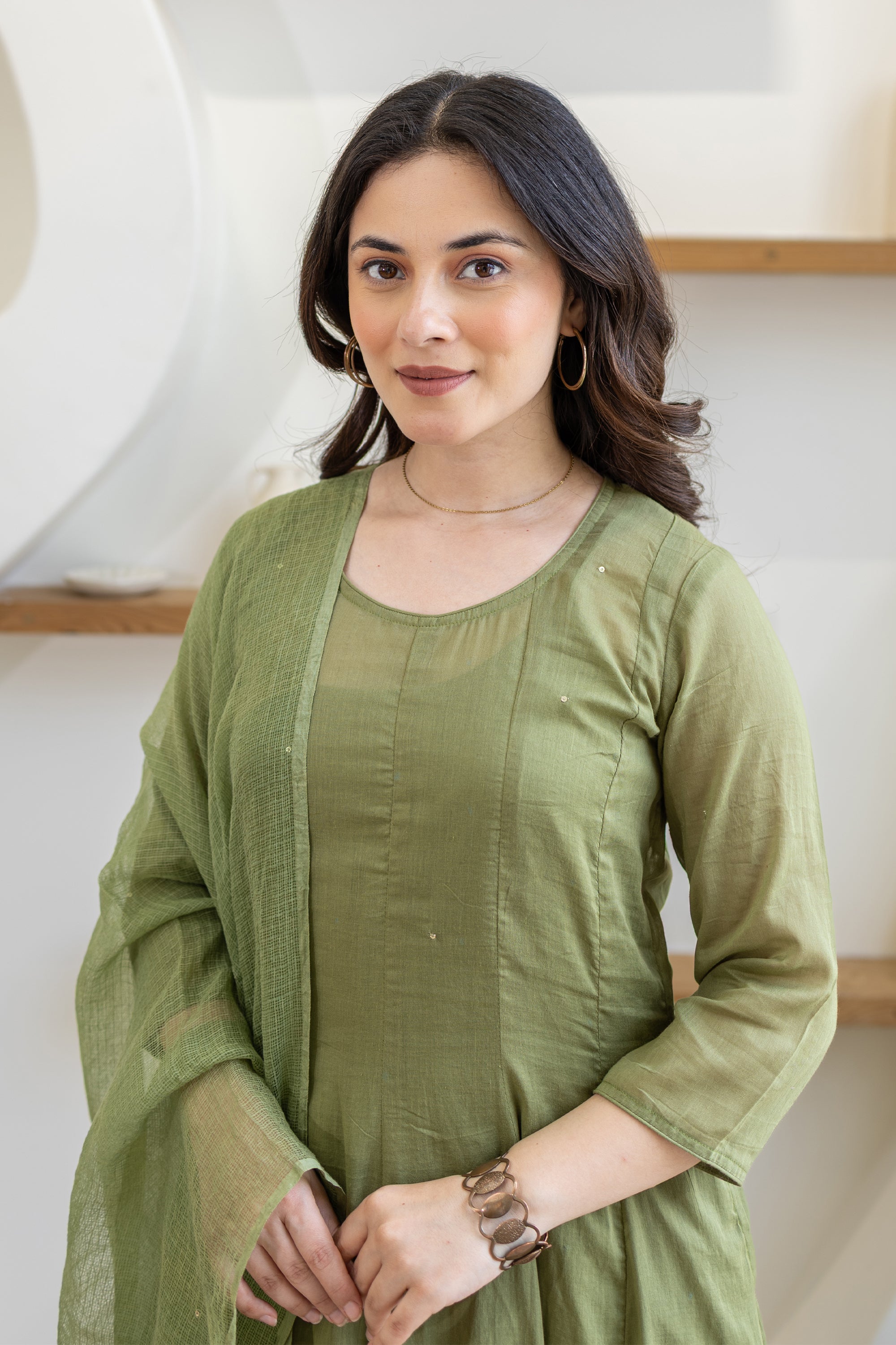 Olive Green Cotton Mulmul Anarkali Suit Set With Doriya Dupatta