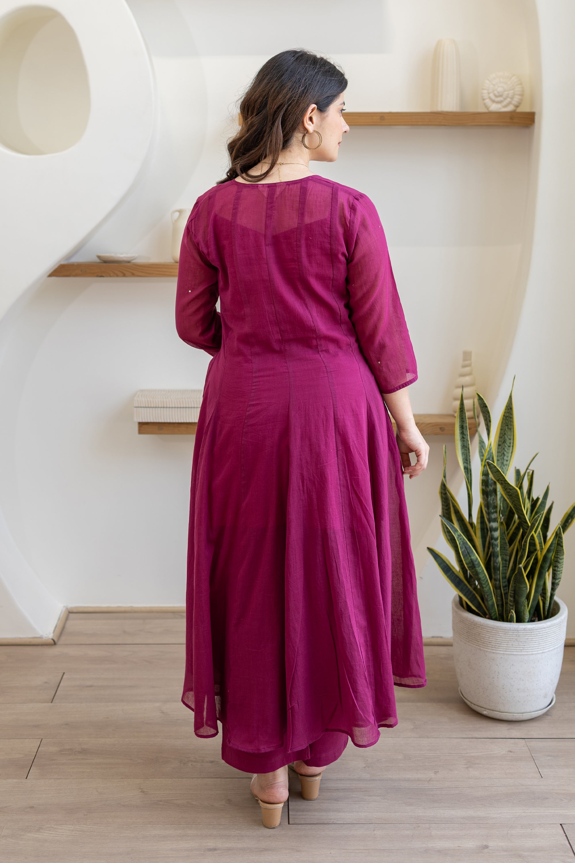 Magenta Cotton Mulmul Anarkali Suit Set With Doriya Dupatta