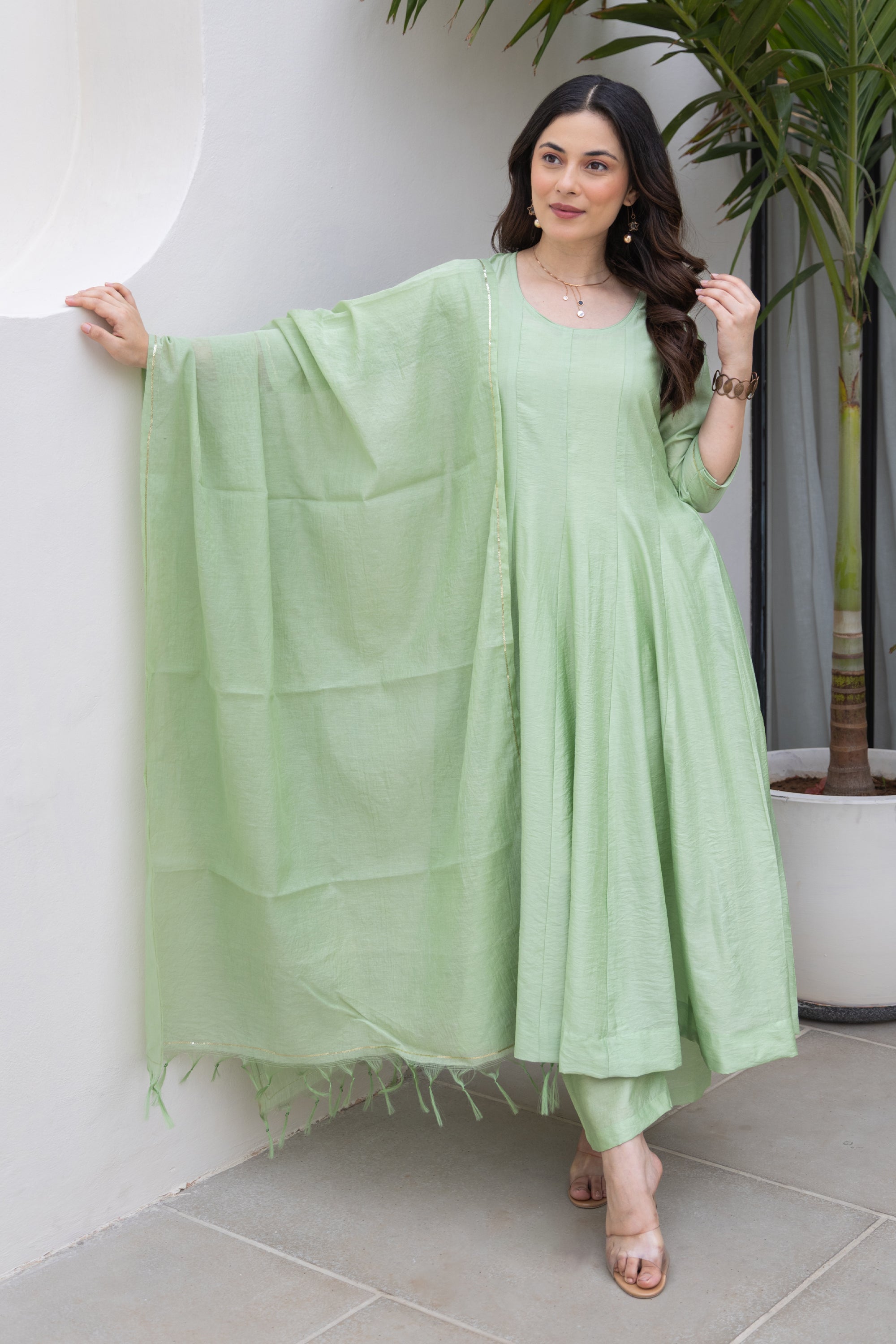 Pista Green Chanderi Anarkali Set With Matching Chanderi Dupatta