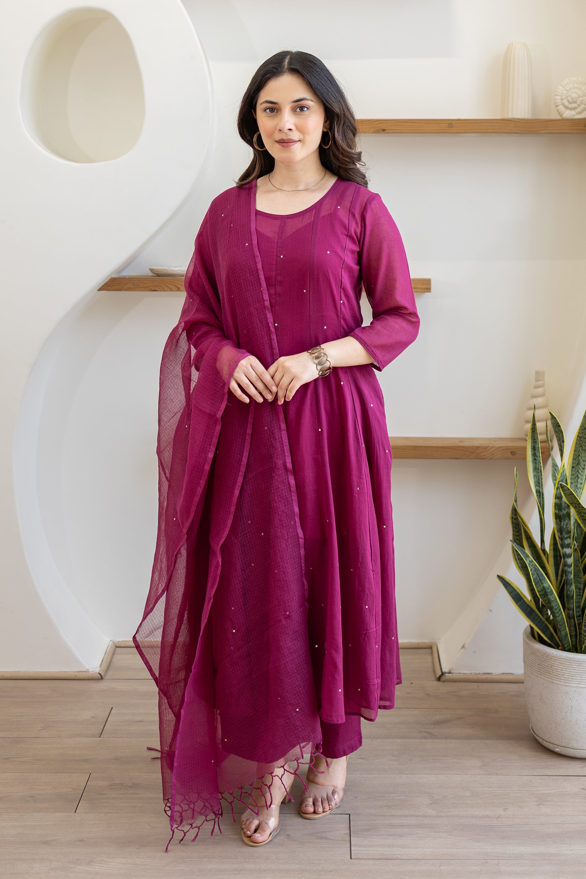 Magenta Cotton Mulmul Anarkali Suit Set With Doriya Dupatta