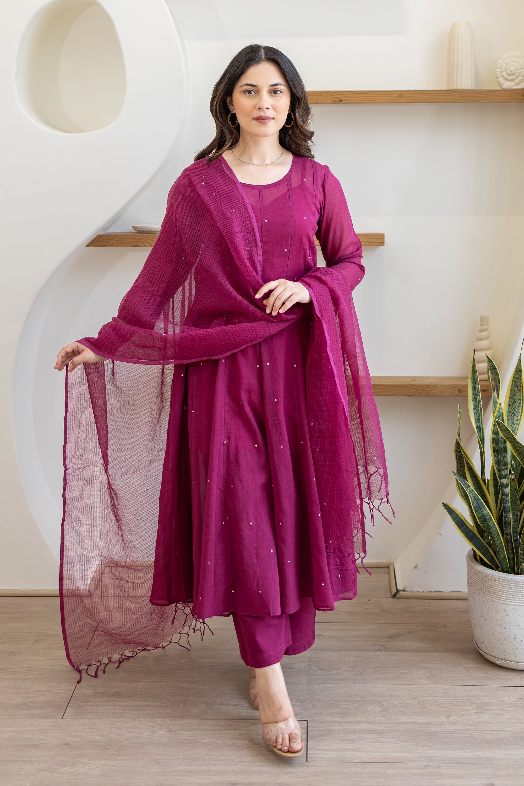 Magenta Cotton Mulmul Anarkali Suit Set With Doriya Dupatta