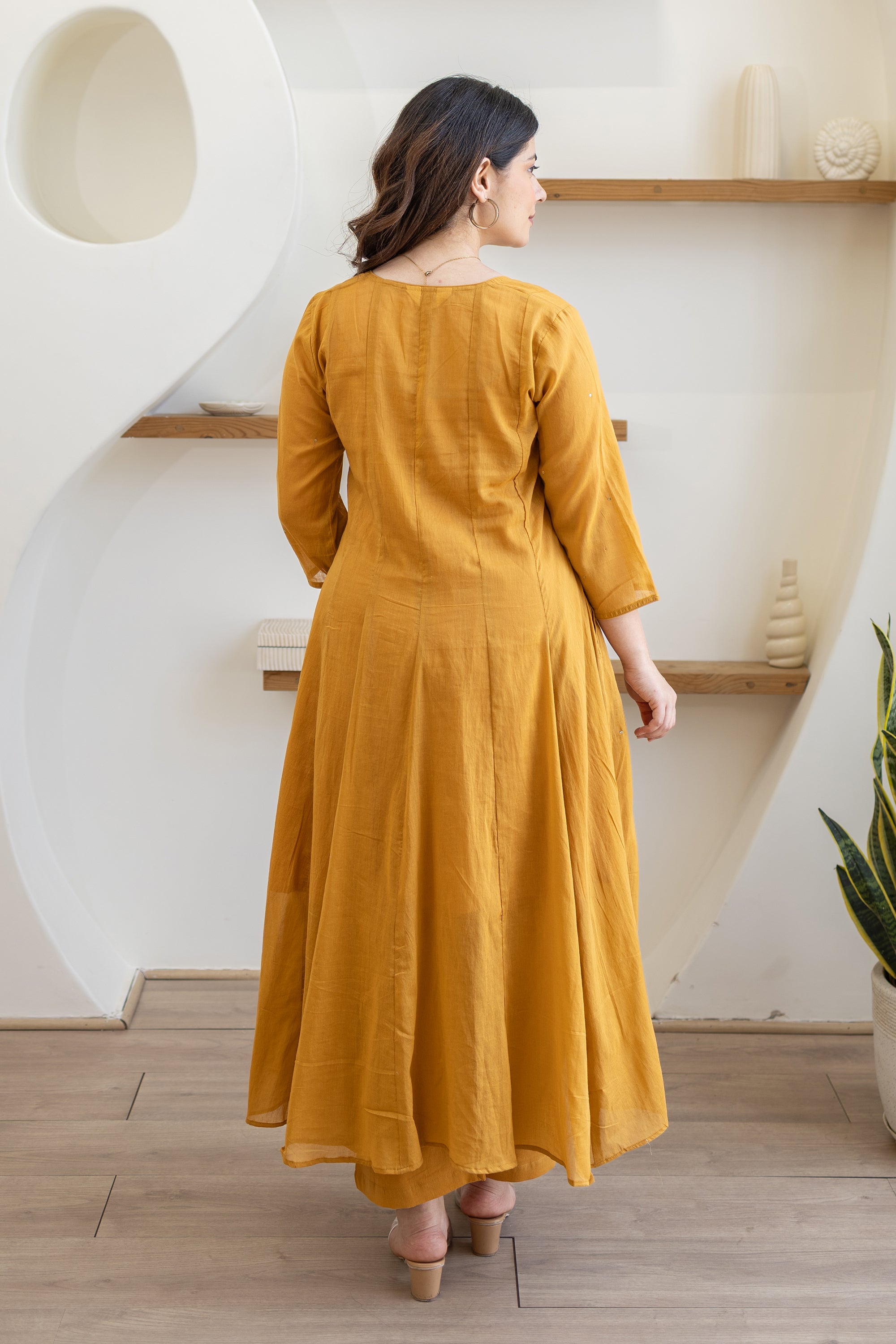 Mustard Cotton Mulmul Anarkali Suit Set With Doriya Dupatta