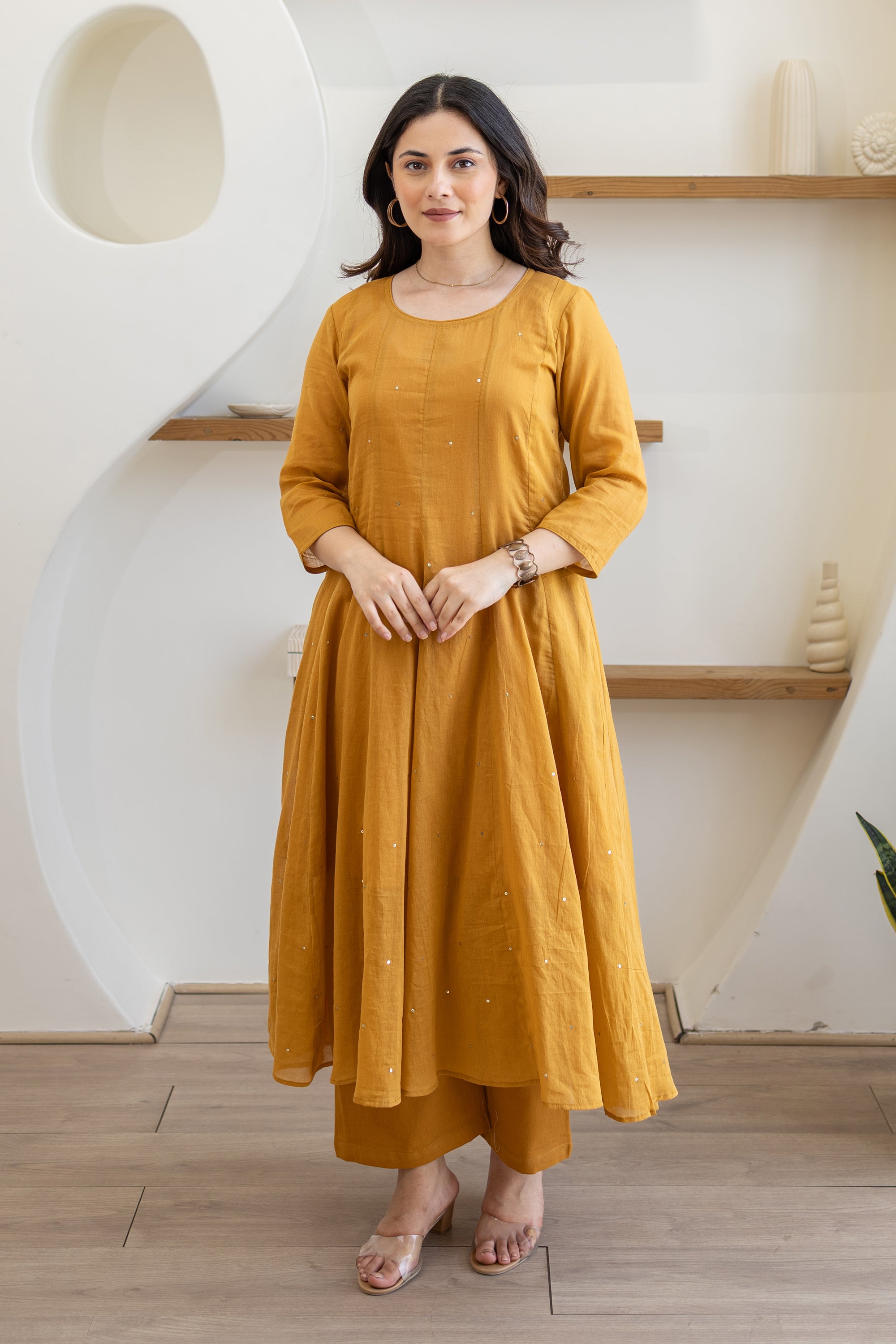 Mustard Cotton Mulmul Anarkali Suit Set With Doriya Dupatta