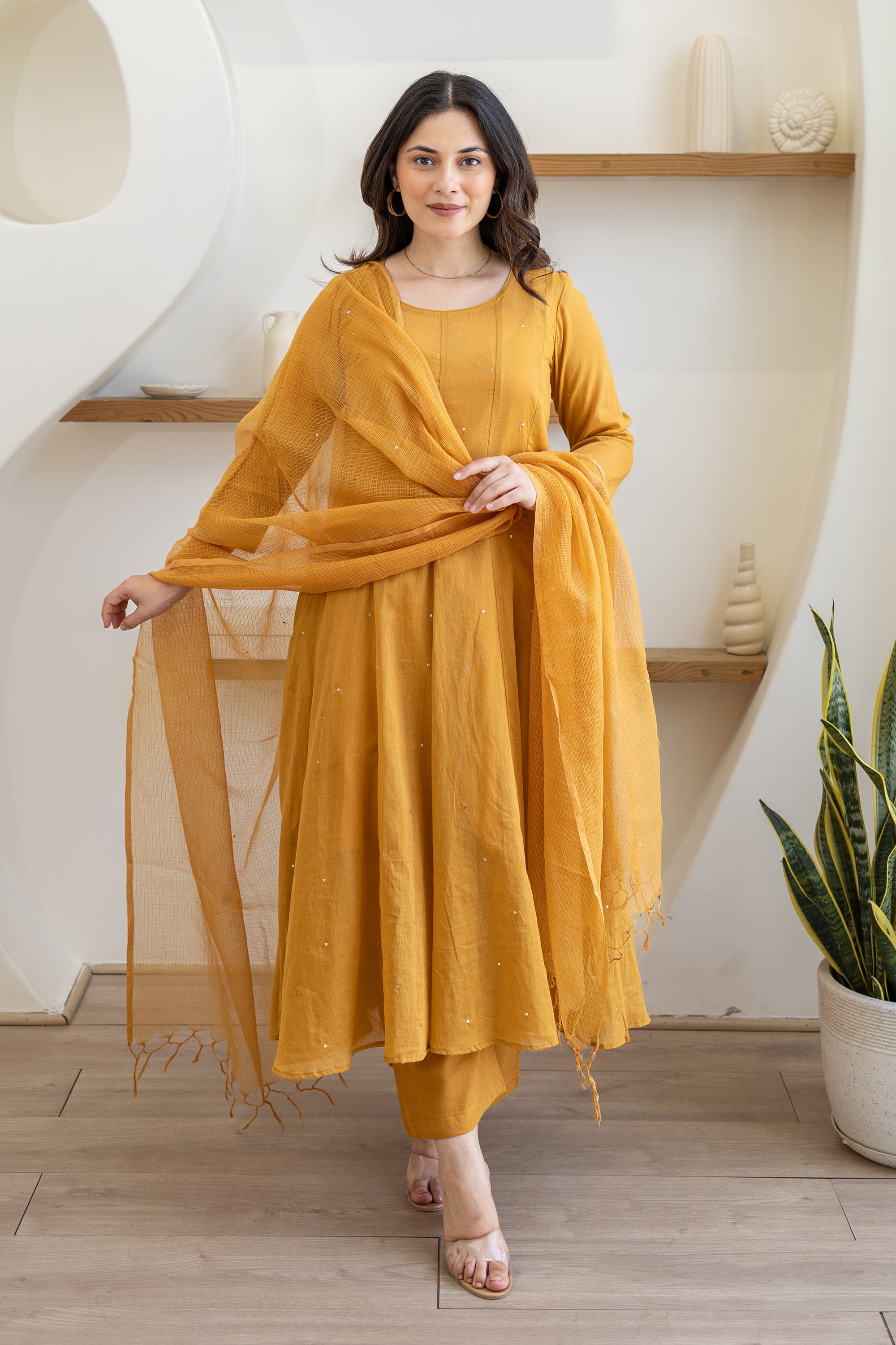Mustard Cotton Mulmul Anarkali Suit Set With Doriya Dupatta