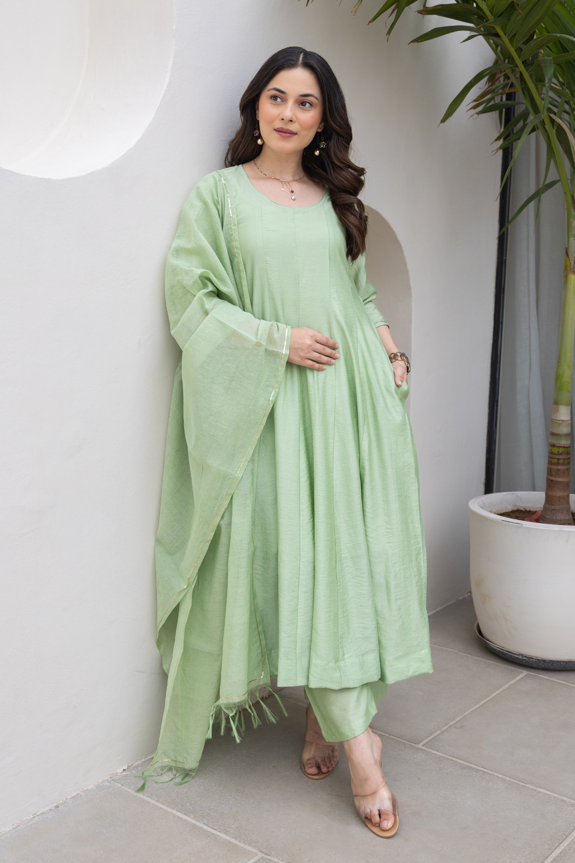 Pista Green Chanderi Anarkali Set With Matching Chanderi Dupatta