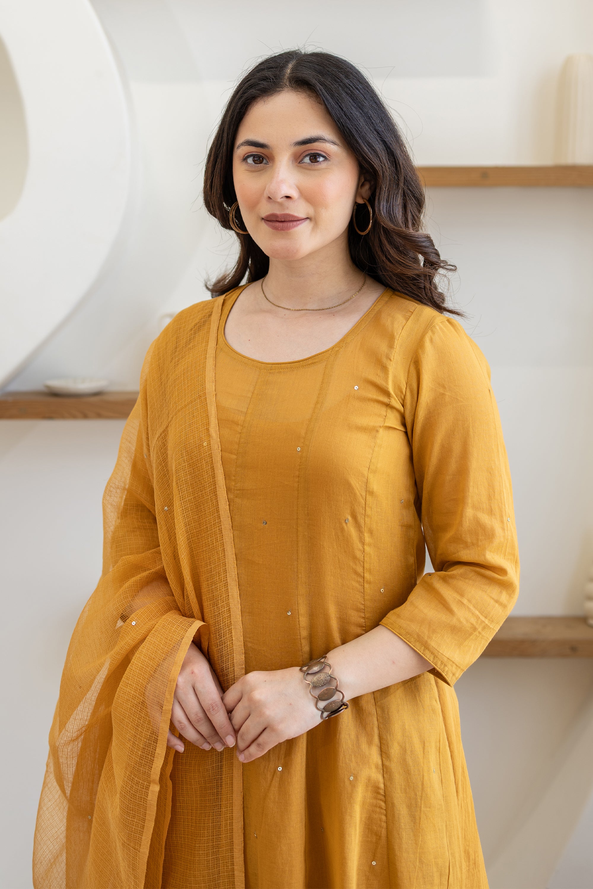 Mustard Cotton Mulmul Anarkali Suit Set With Doriya Dupatta