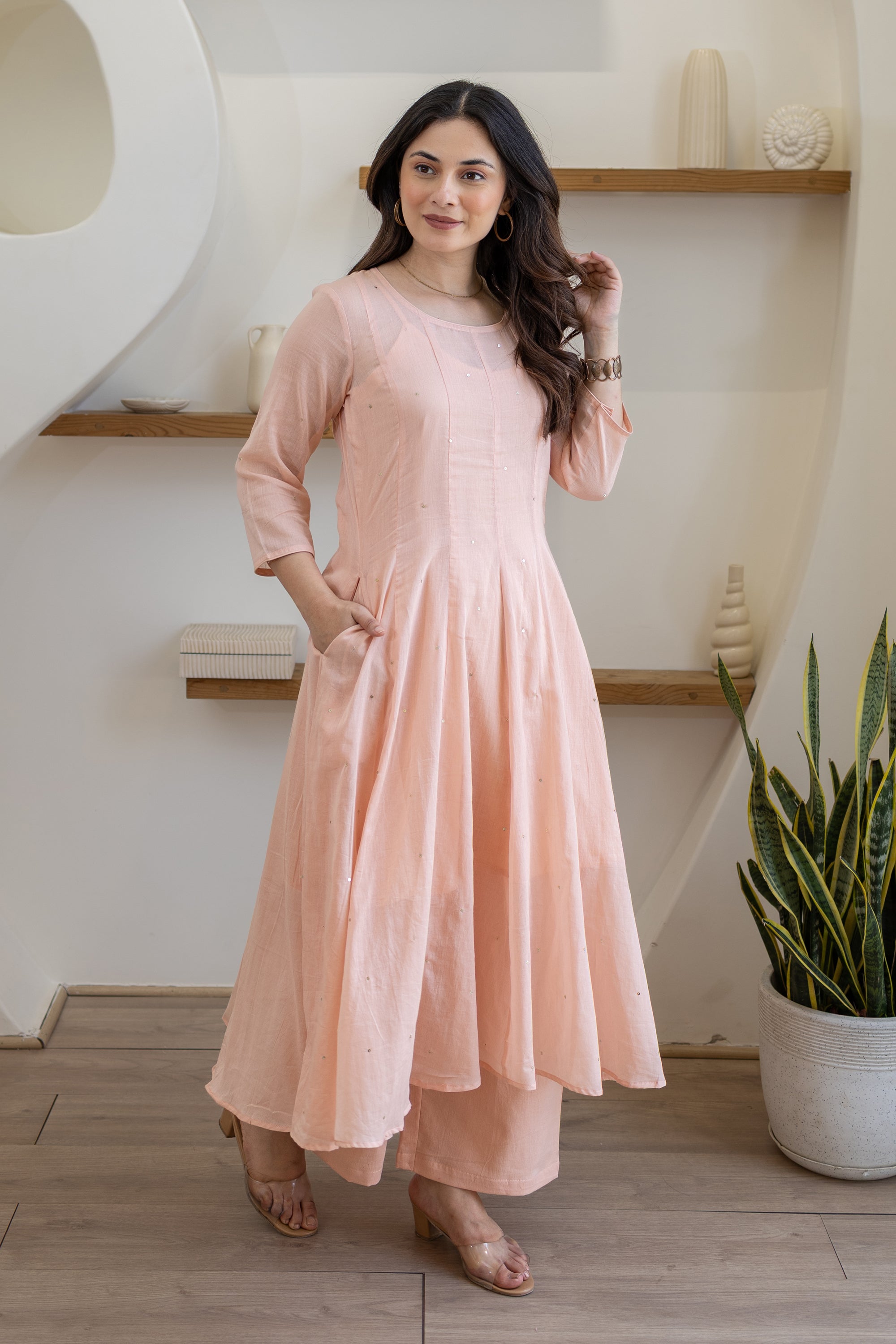 Blush Peach Cotton Mulmul Anarkali Set With Matching Doriya Dupatta