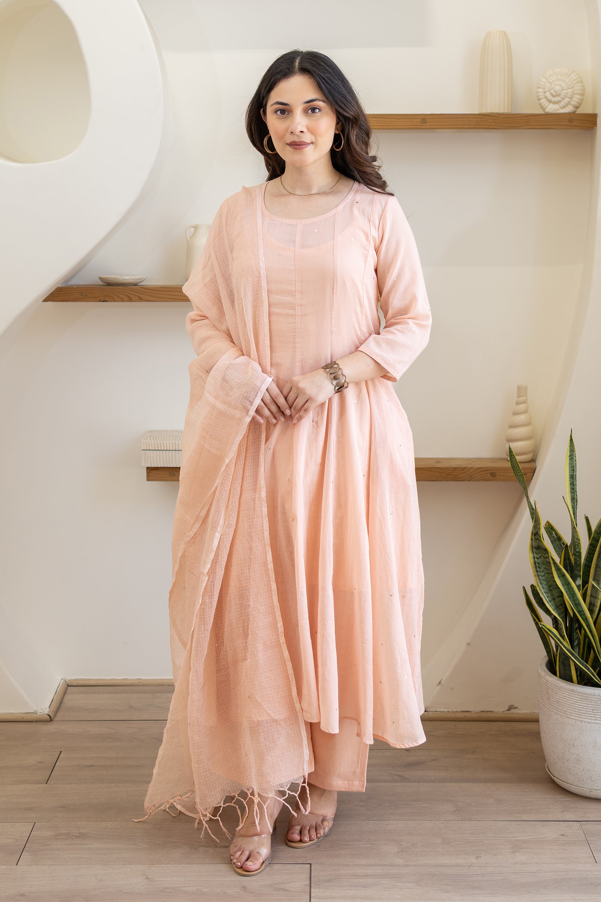 Blush Peach Cotton Mulmul Anarkali Set With Matching Doriya Dupatta