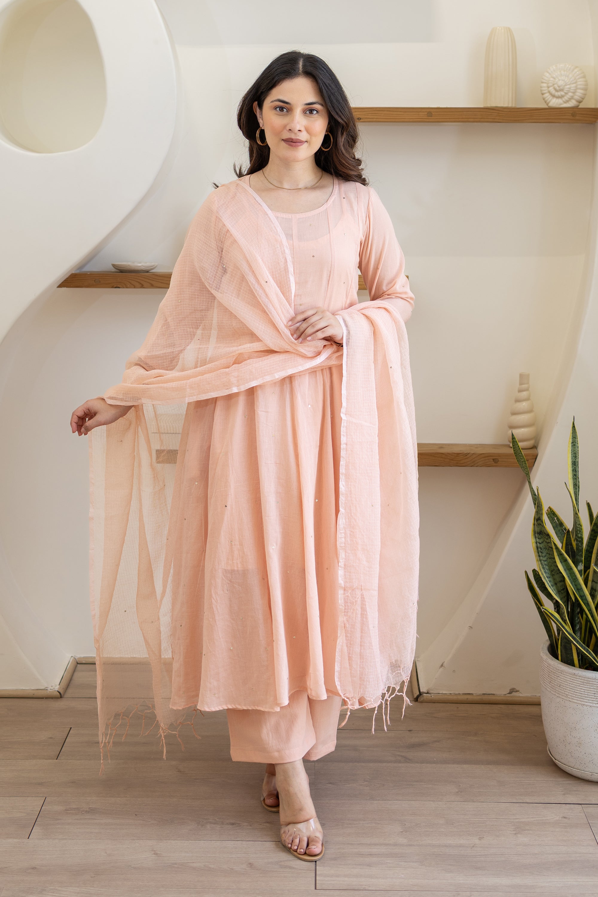 Blush Peach Cotton Mulmul Anarkali Set With Matching Doriya Dupatta