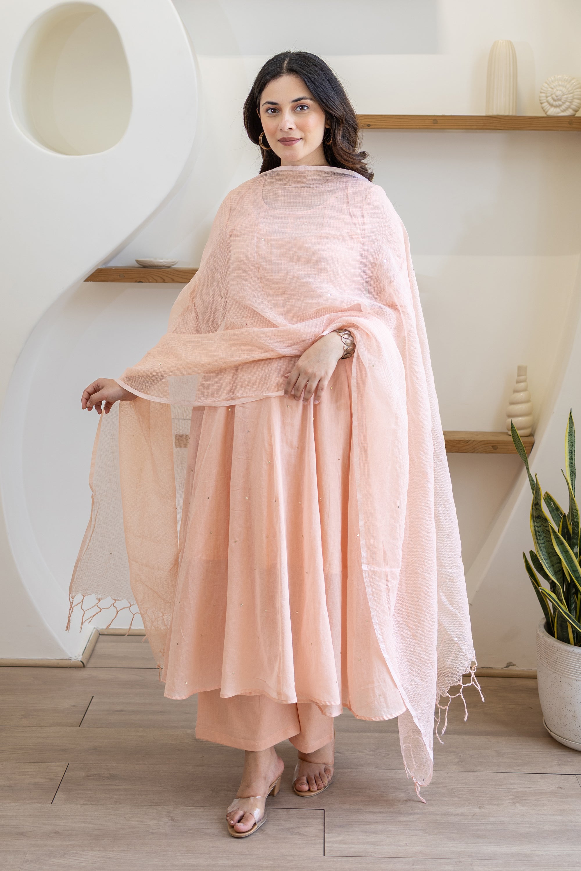 Blush Peach Cotton Mulmul Anarkali Set With Matching Doriya Dupatta