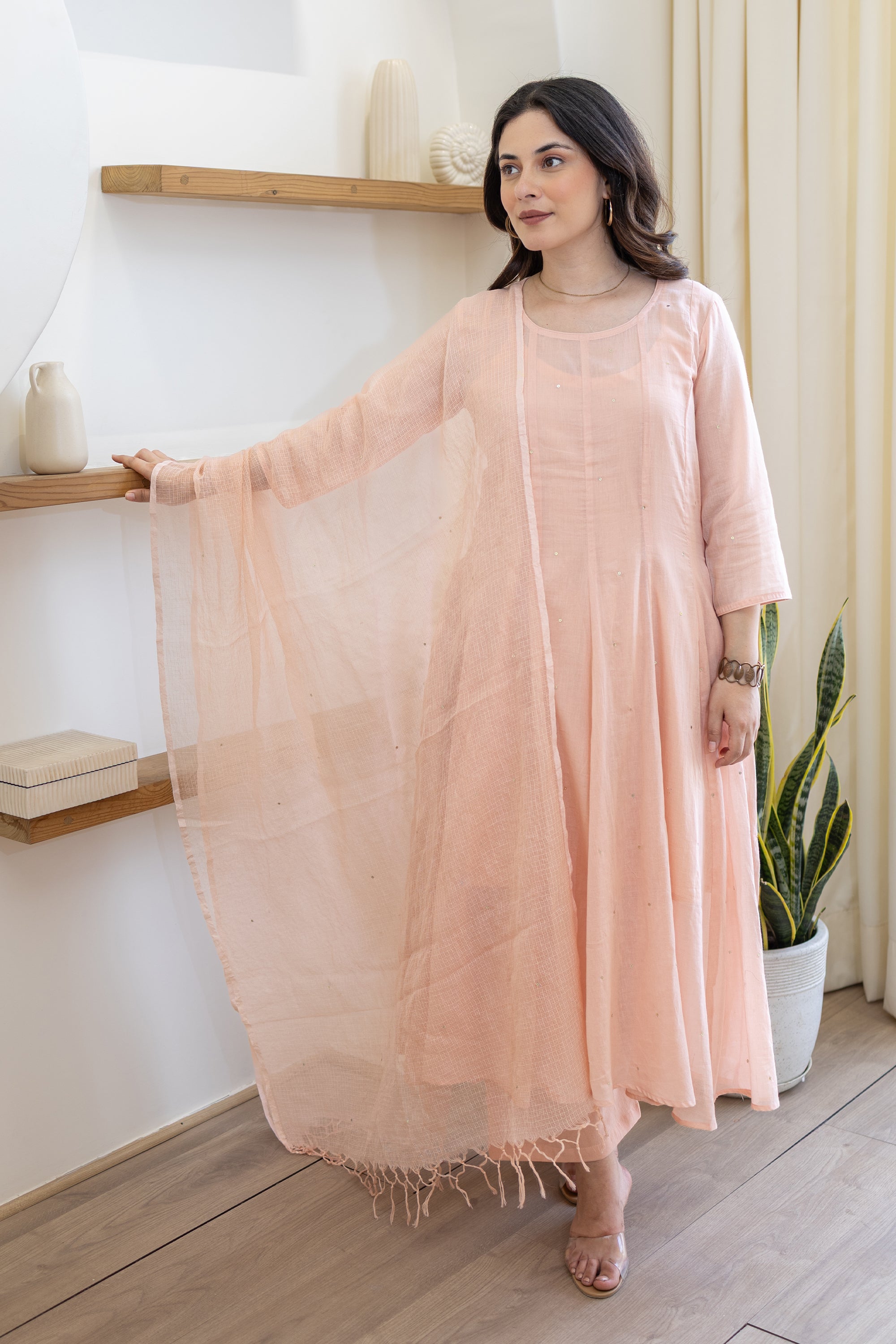 Blush Peach Cotton Mulmul Anarkali Set With Matching Doriya Dupatta