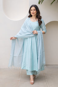 Powder Blue Chanderi Anarkali Set With Matching Chanderi Dupatta
