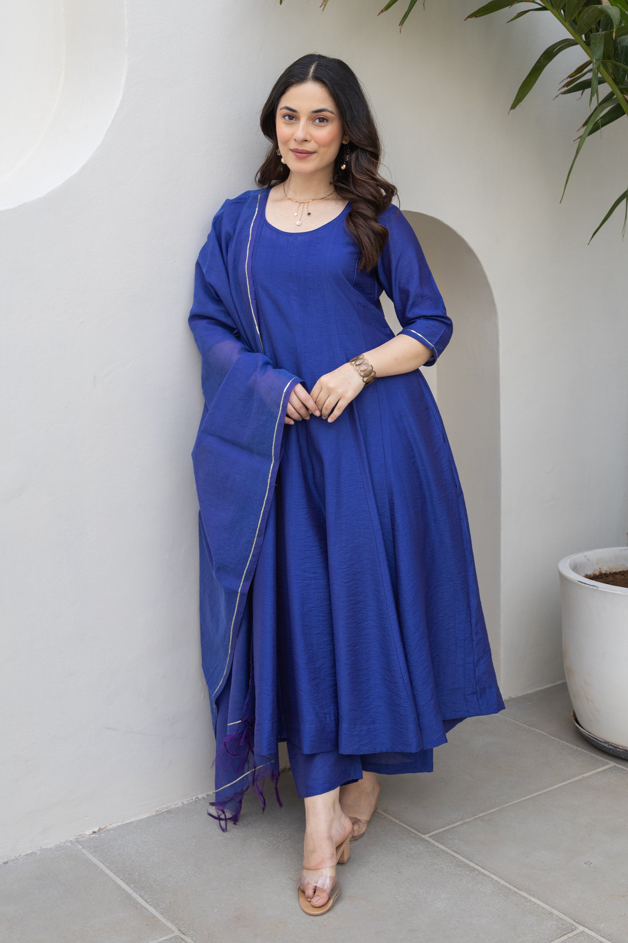 Royal Blue Chanderi Anarkali Set With Matching Chanderi Dupatta
