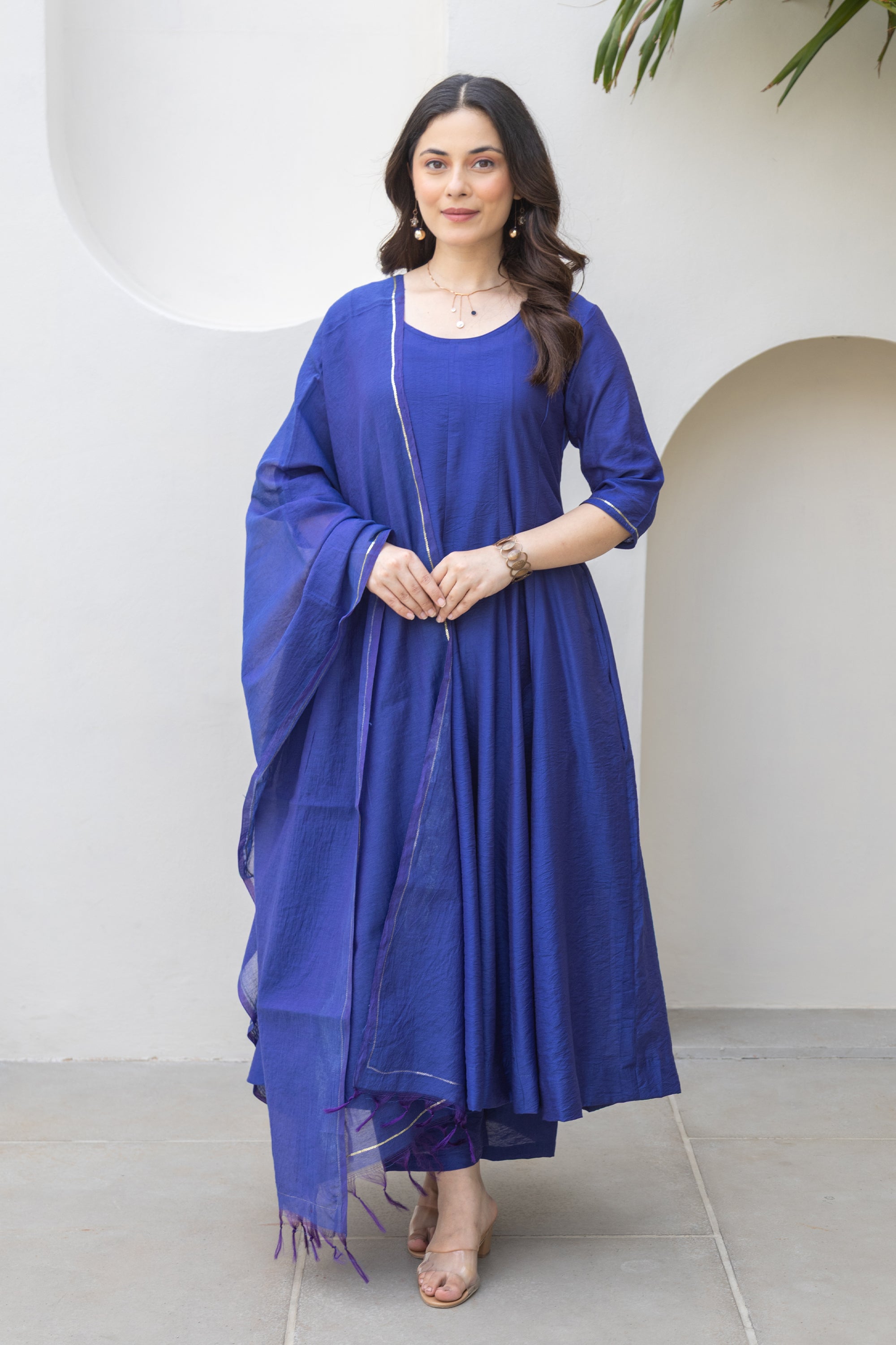 Royal Blue Chanderi Anarkali Set With Matching Chanderi Dupatta