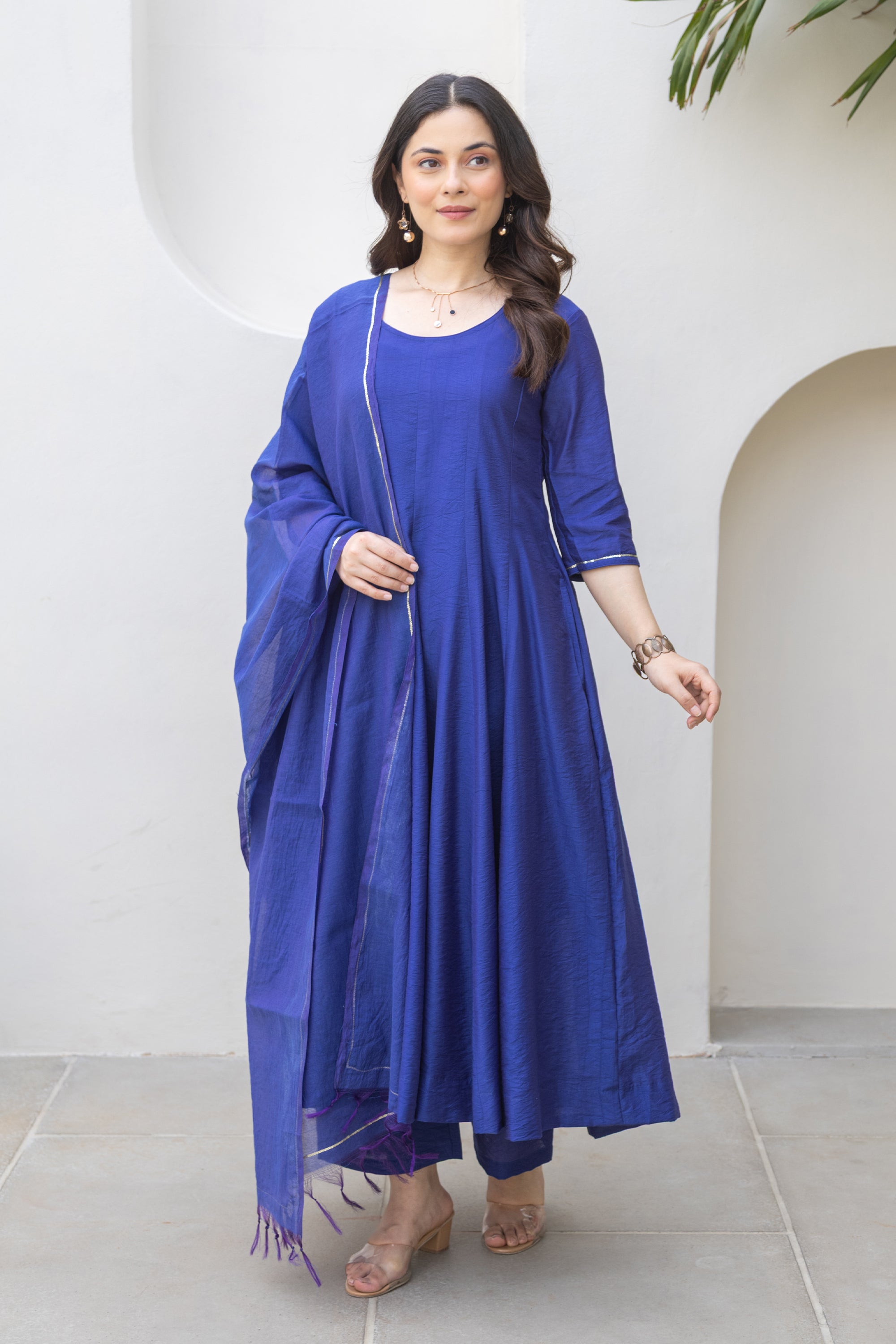 Royal Blue Chanderi Anarkali Set With Matching Chanderi Dupatta