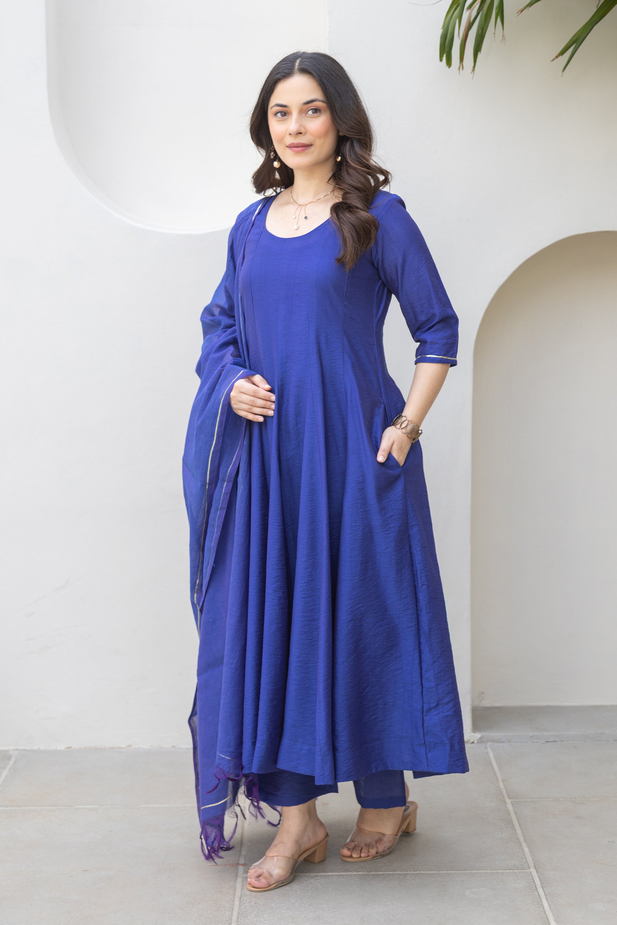 Royal Blue Chanderi Anarkali Set With Matching Chanderi Dupatta