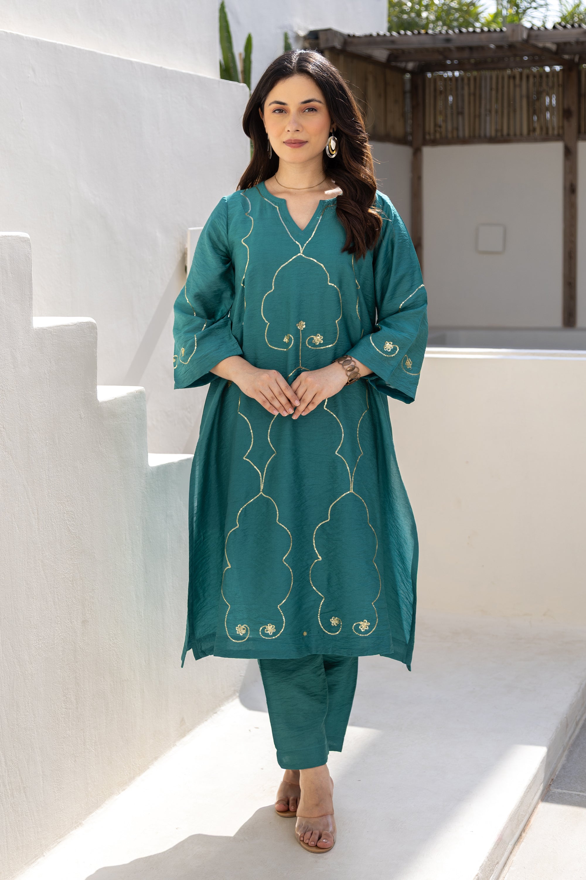 Teal Noor Embroidered Chanderi Co-Ord Set