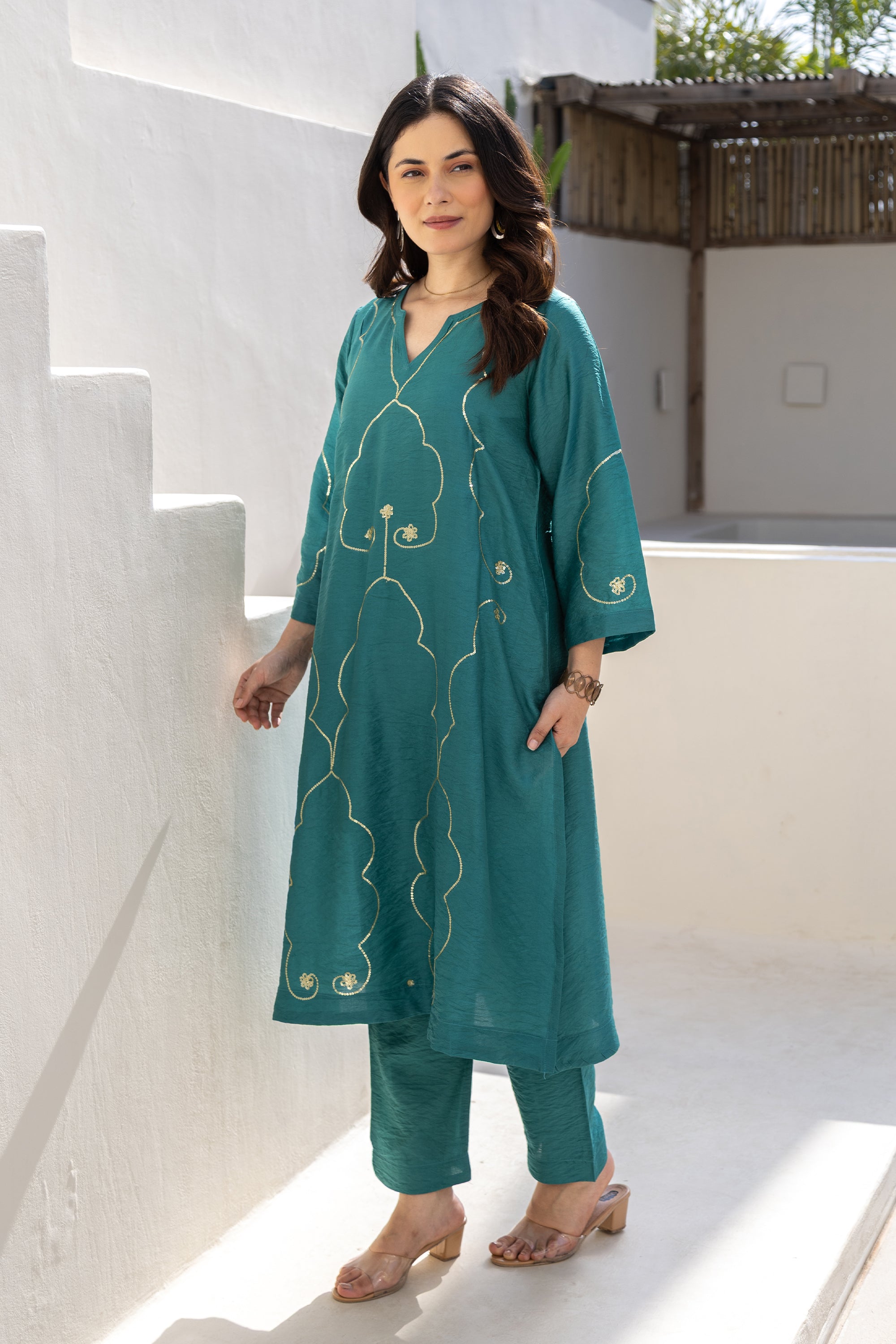 Teal Noor Embroidered Chanderi Co-Ord Set