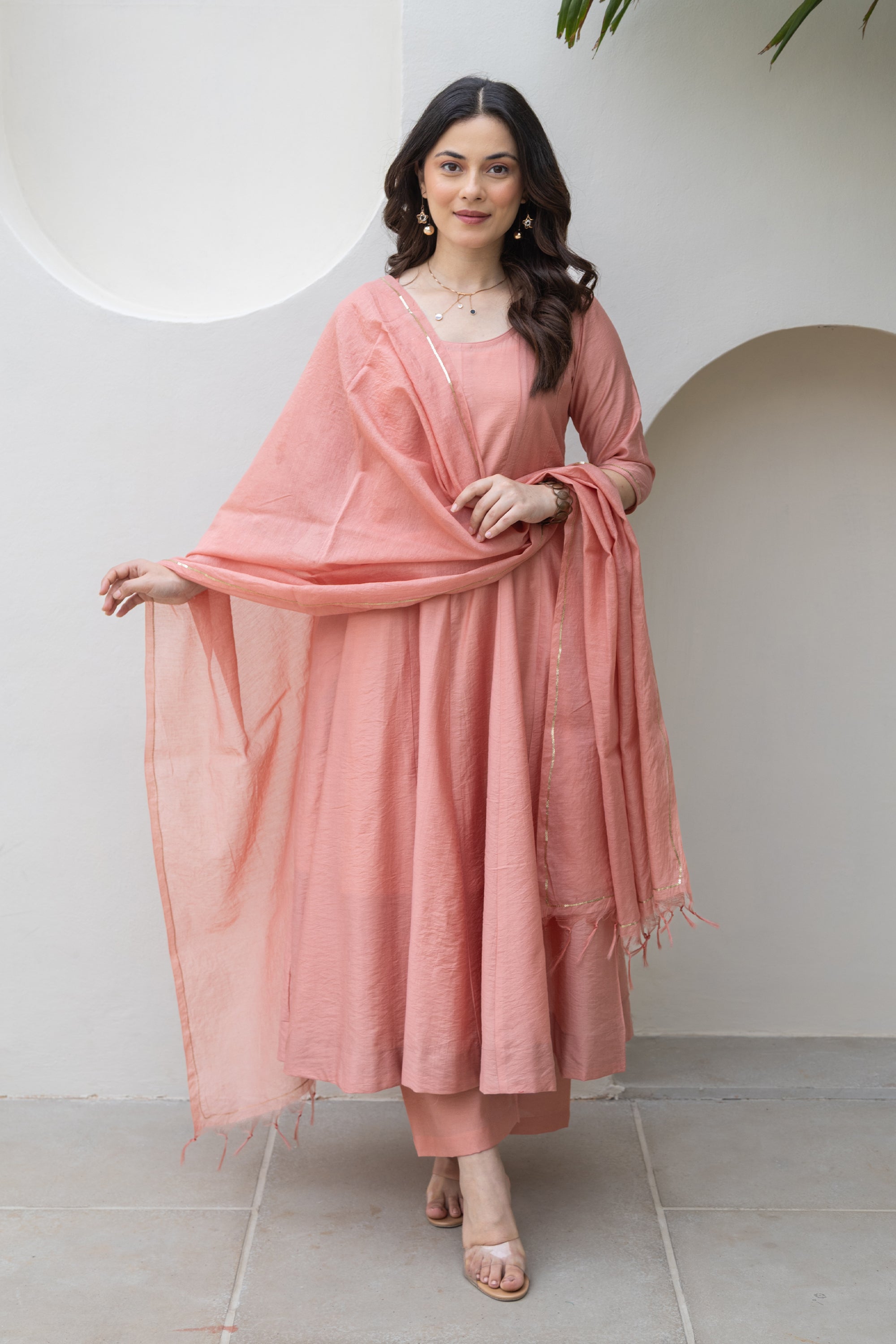 Blush Peach Chanderi Embroidered Anarkali Set With Matching Chanderi Dupatta