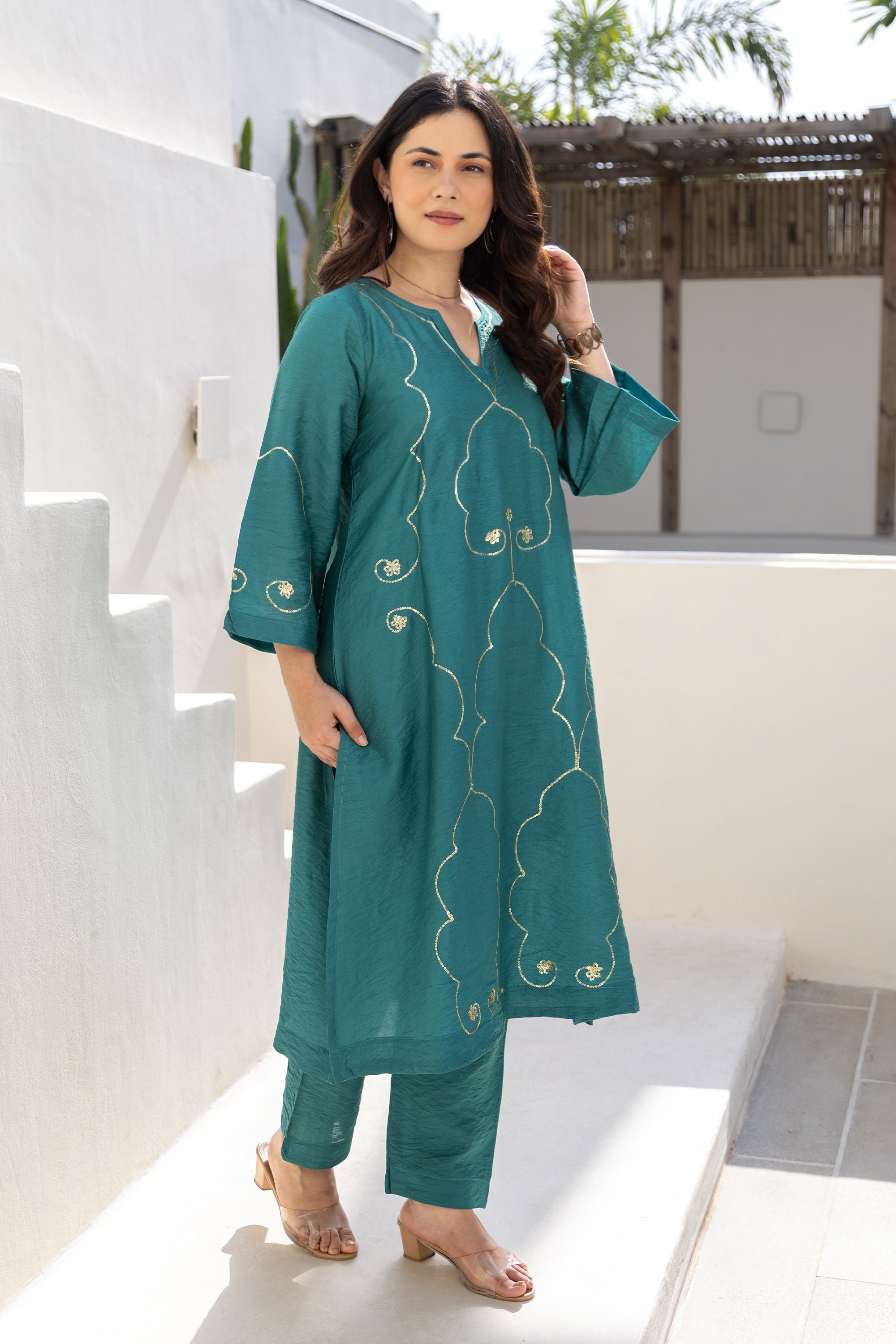 Teal Noor Embroidered Chanderi Co-Ord Set