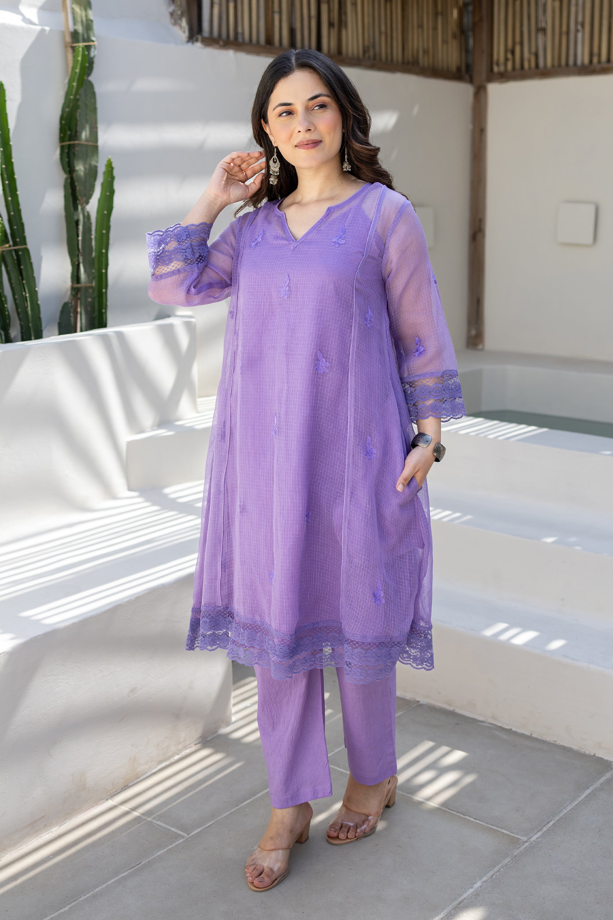 Lavender Breeze Embroidered Doriya Kurta Set With Doriya Dupatta