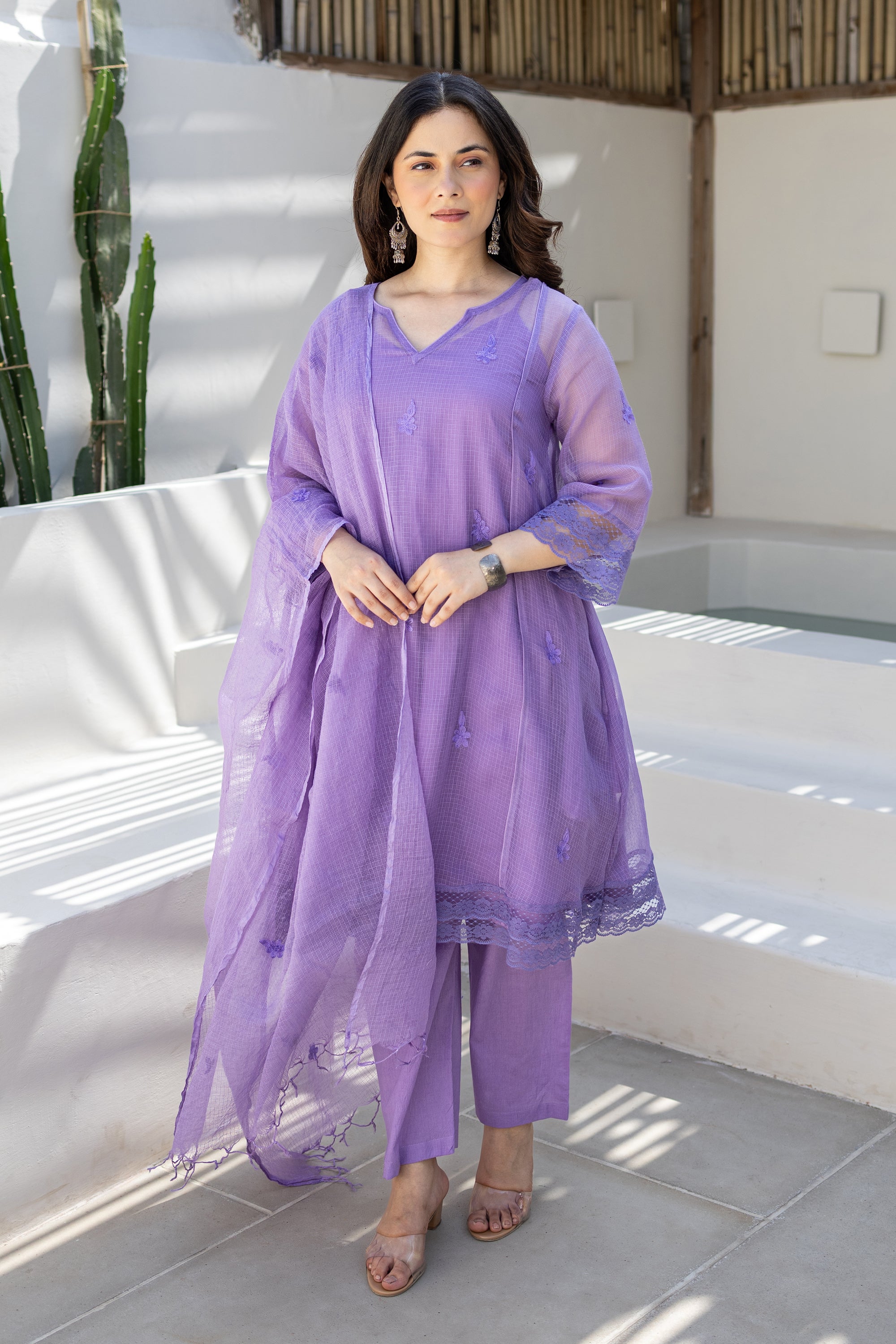 Lavender Breeze Embroidered Doriya Kurta Set With Doriya Dupatta