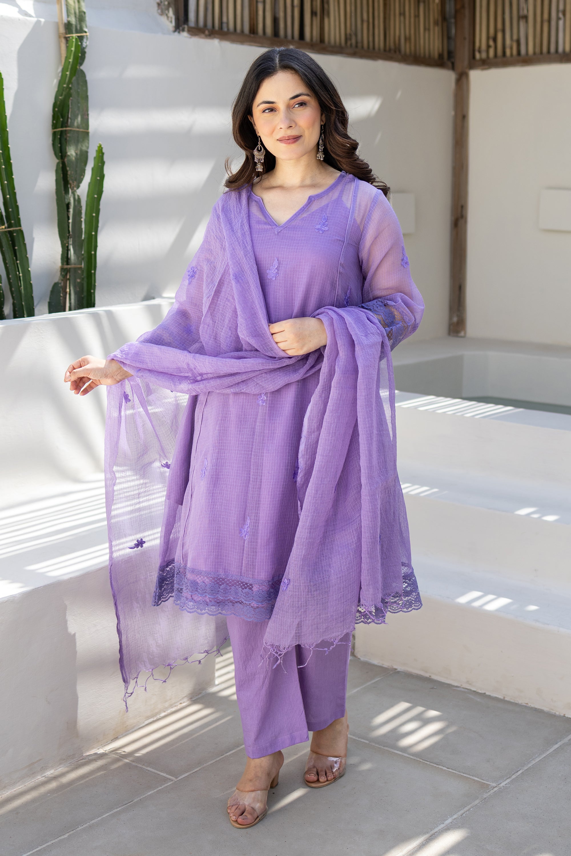 Lavender Breeze Embroidered Doriya Kurta Set With Doriya Dupatta