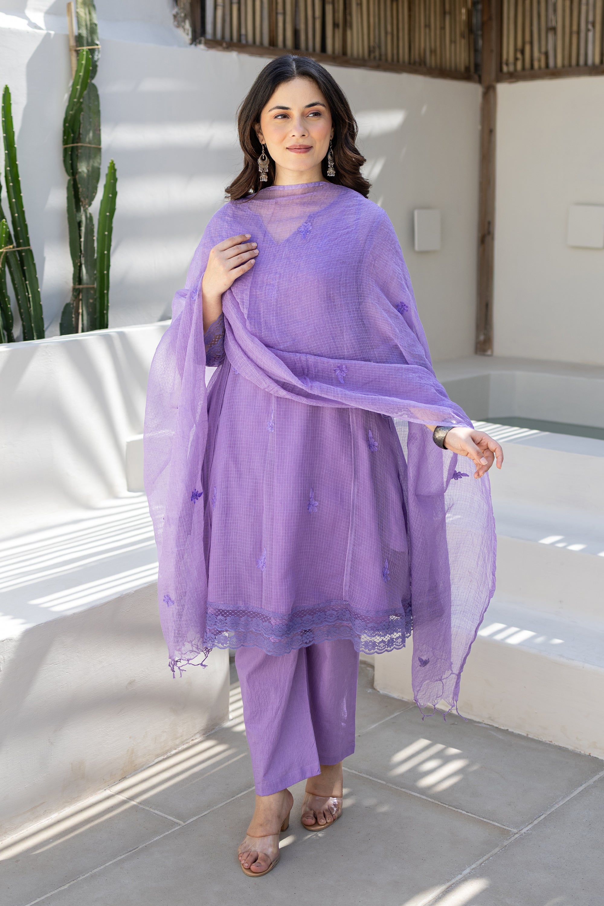Lavender Breeze Embroidered Doriya Kurta Set With Doriya Dupatta