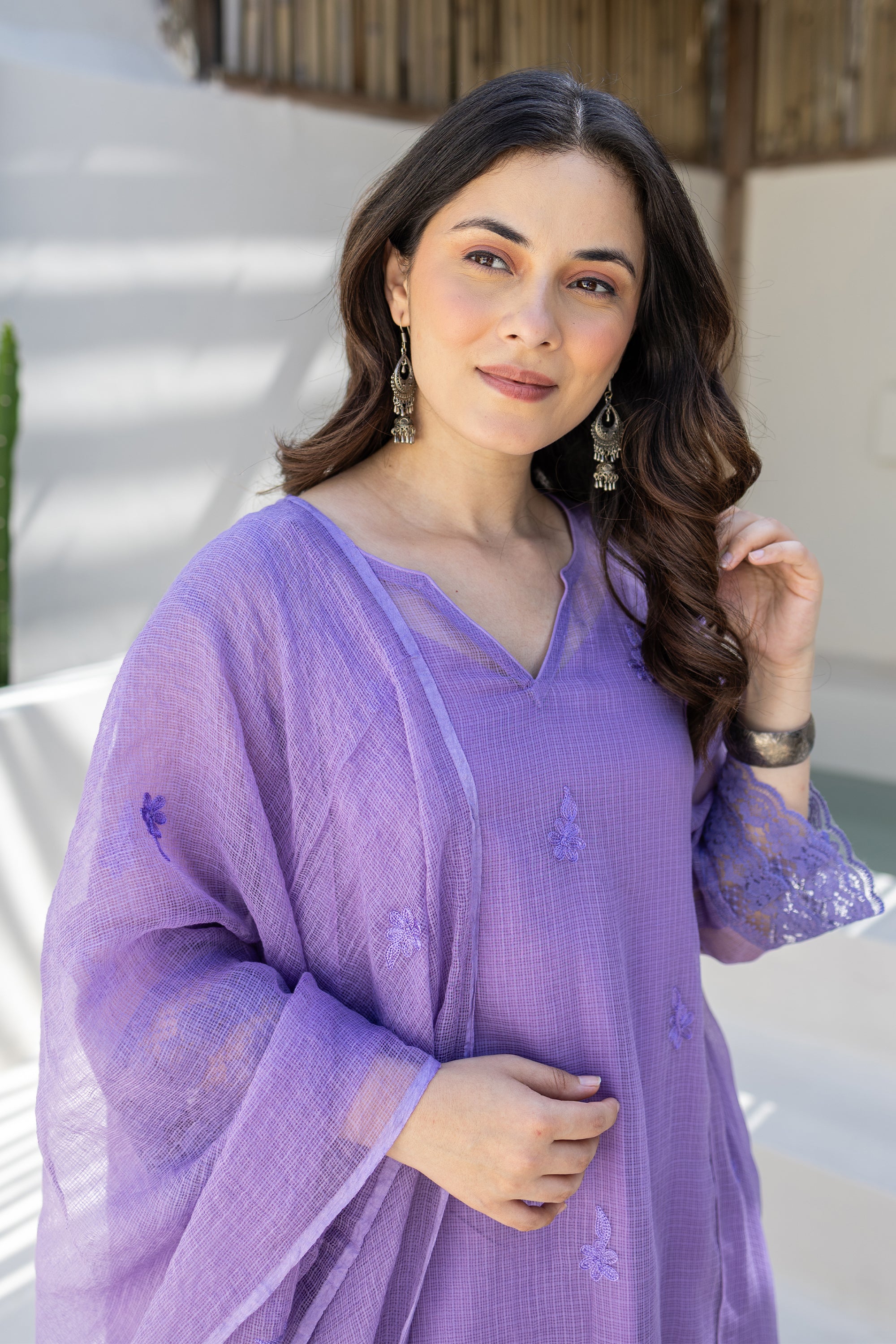 Lavender Breeze Embroidered Doriya Kurta Set With Doriya Dupatta