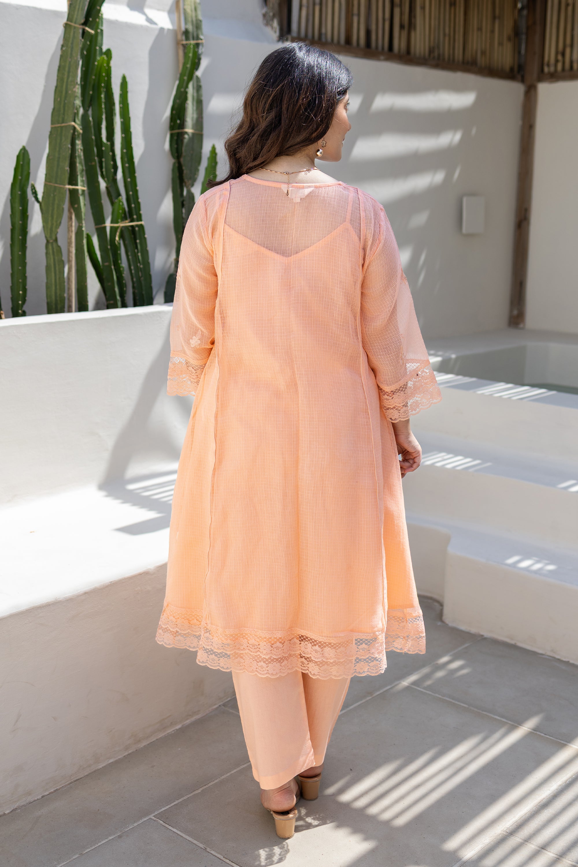 Peach Embroidered Doriya Kurta Set With Doriya Dupatta
