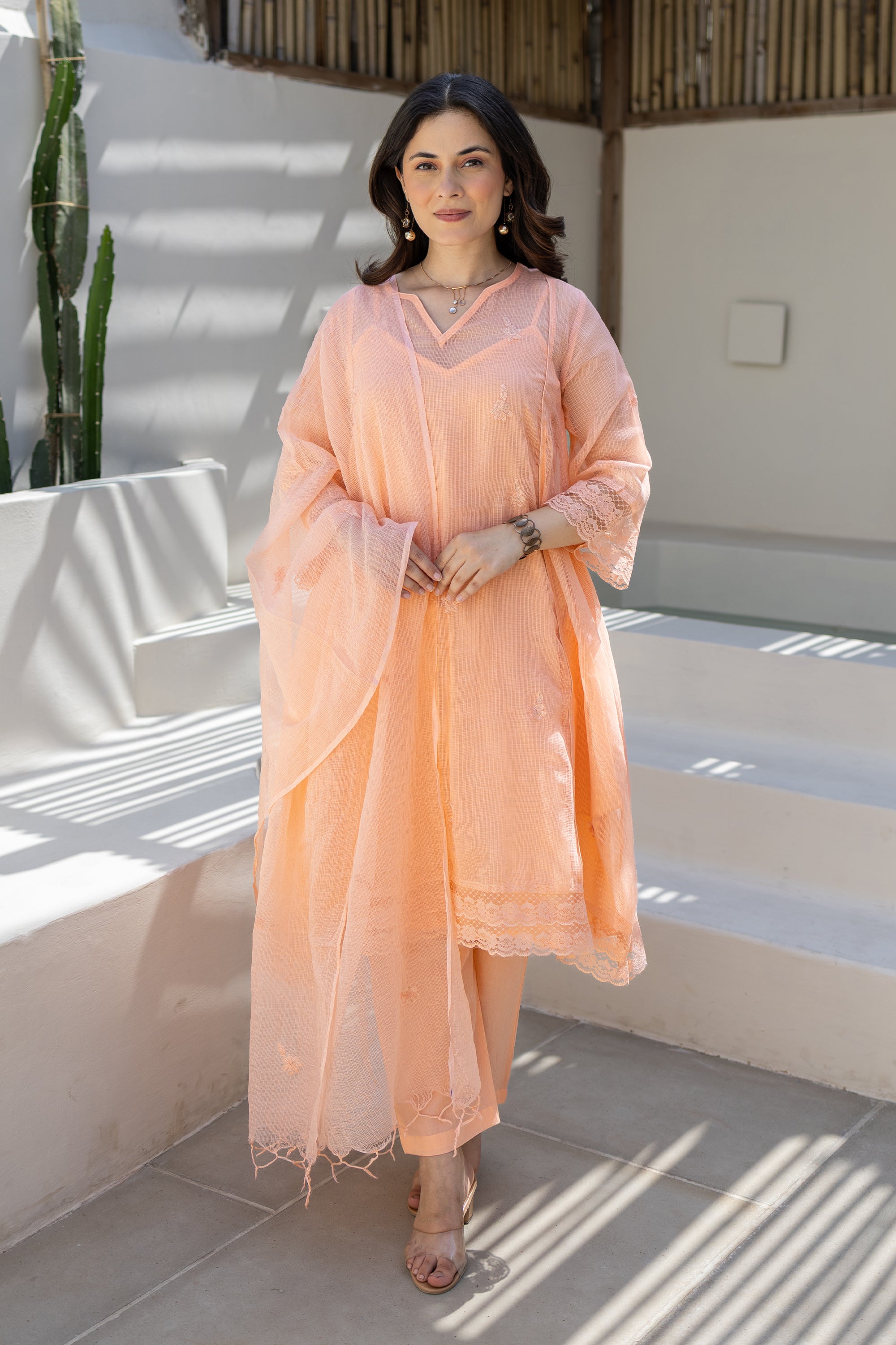 Peach Embroidered Doriya Kurta Set With Doriya Dupatta