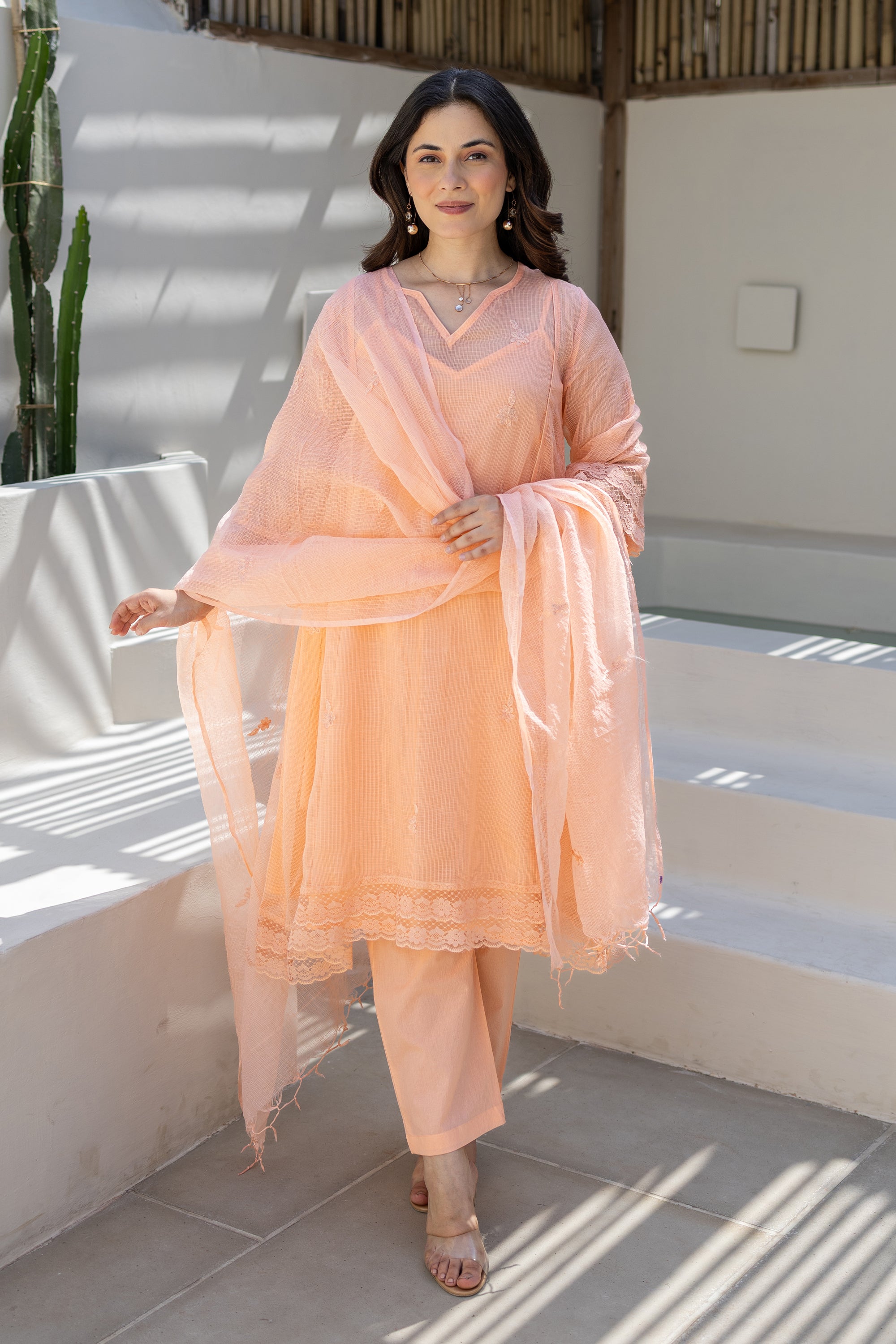 Peach Embroidered Doriya Kurta Set With Doriya Dupatta